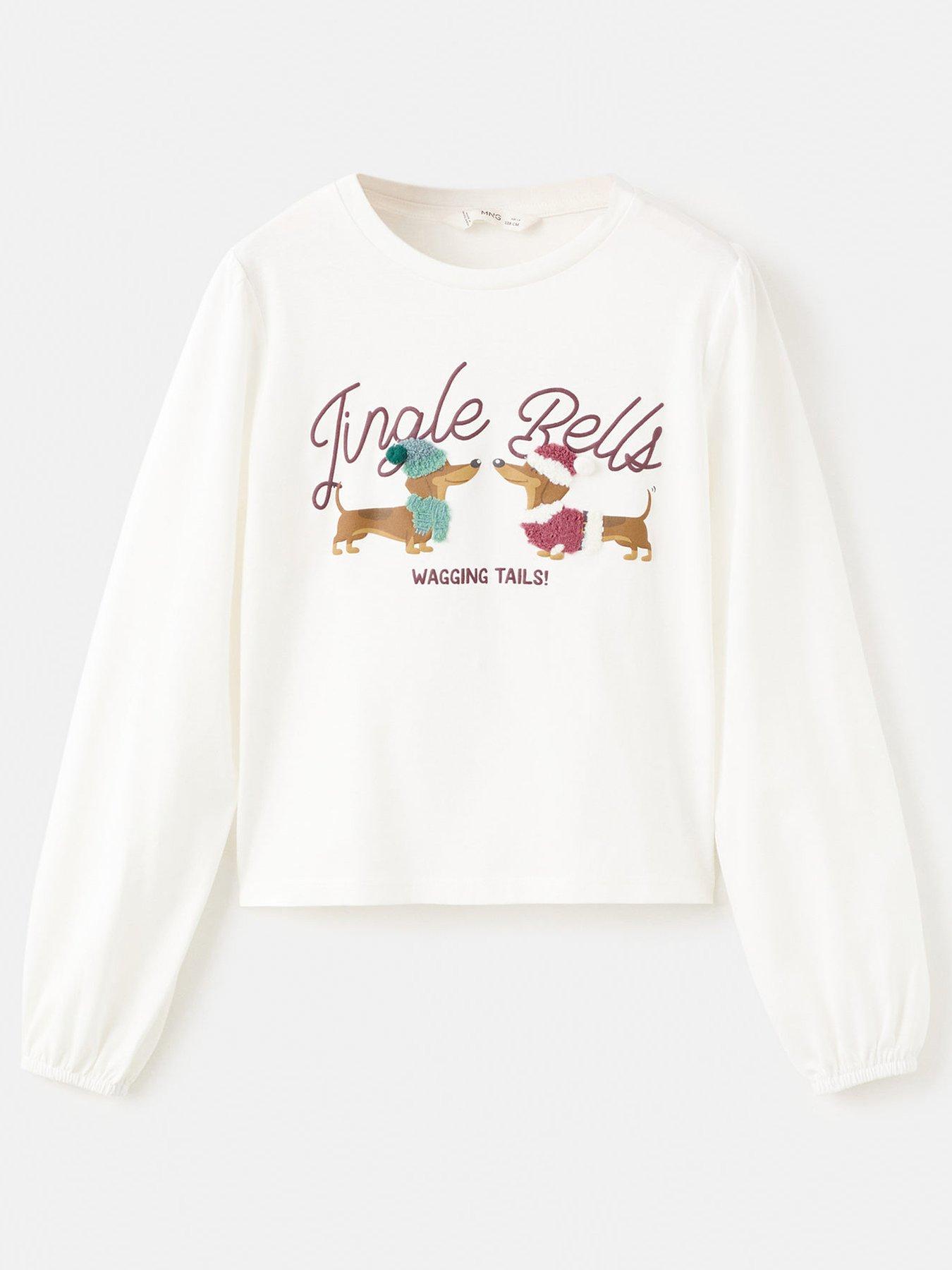 Mango Girls Sausage Dog Christmas Long Sleeve T-shirt - Light Cream