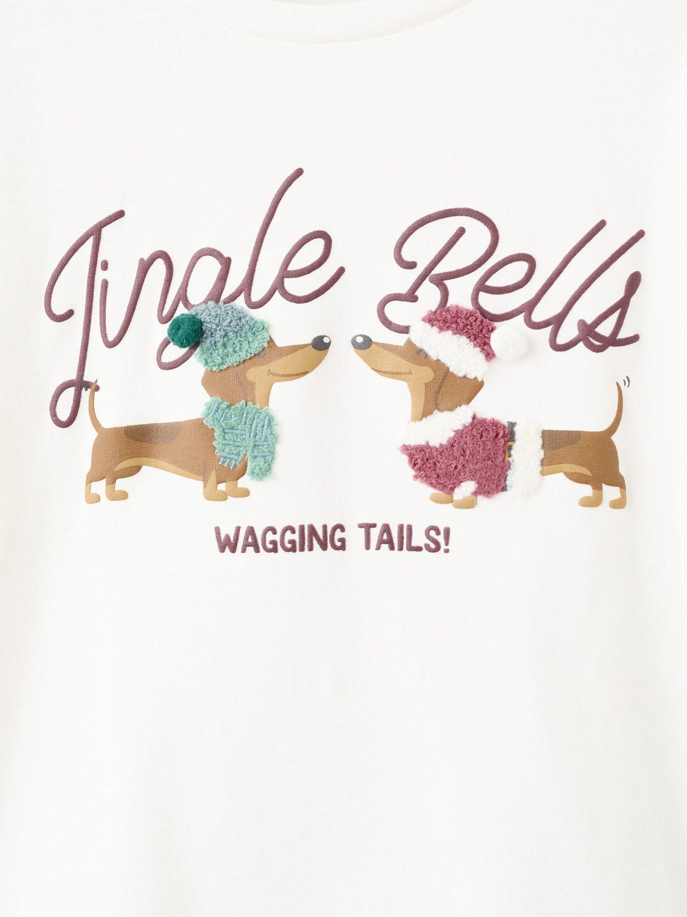 Image 3 of 4 of Mango Girls Sausage Dog Christmas Long Sleeve T-shirt - Light Cream