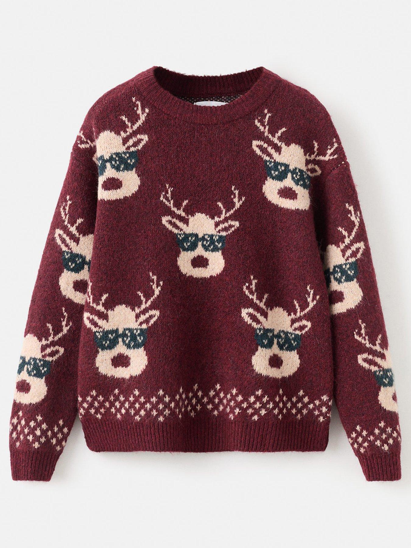 Image 1 of 4 of Mango Boys Reindeer Knitted Christmas Jumper - Dark Red