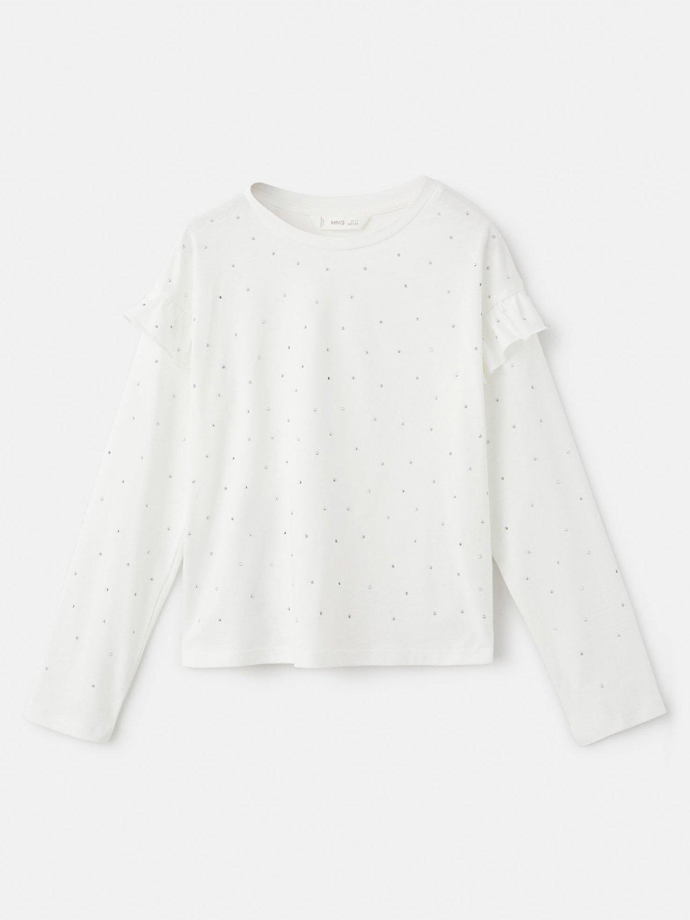 Mango Girls Rhinestone Long Sleeve T-shirt - White