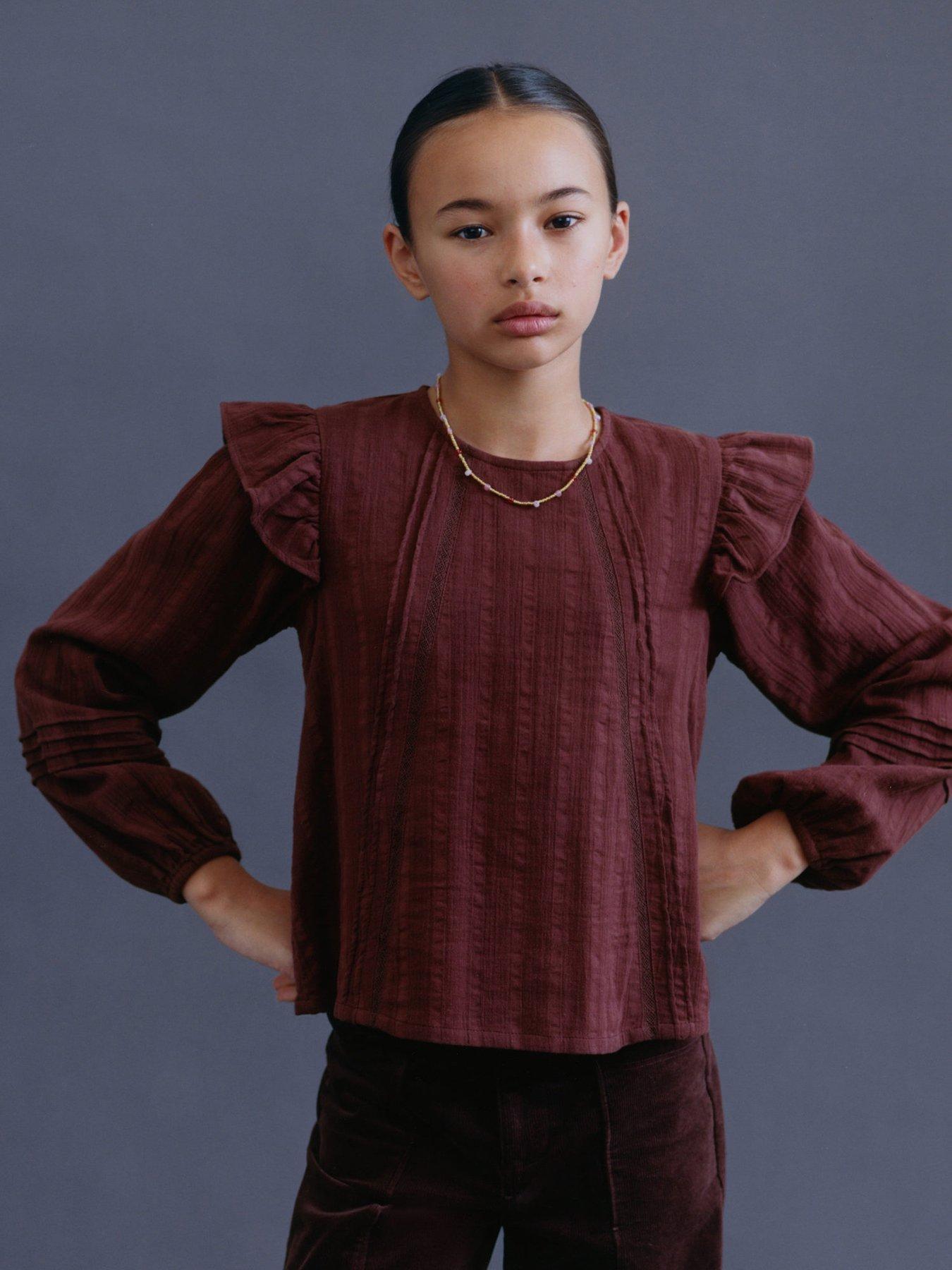 front image of mango-girls-long-sleeve-stripe-blouse-dark-red