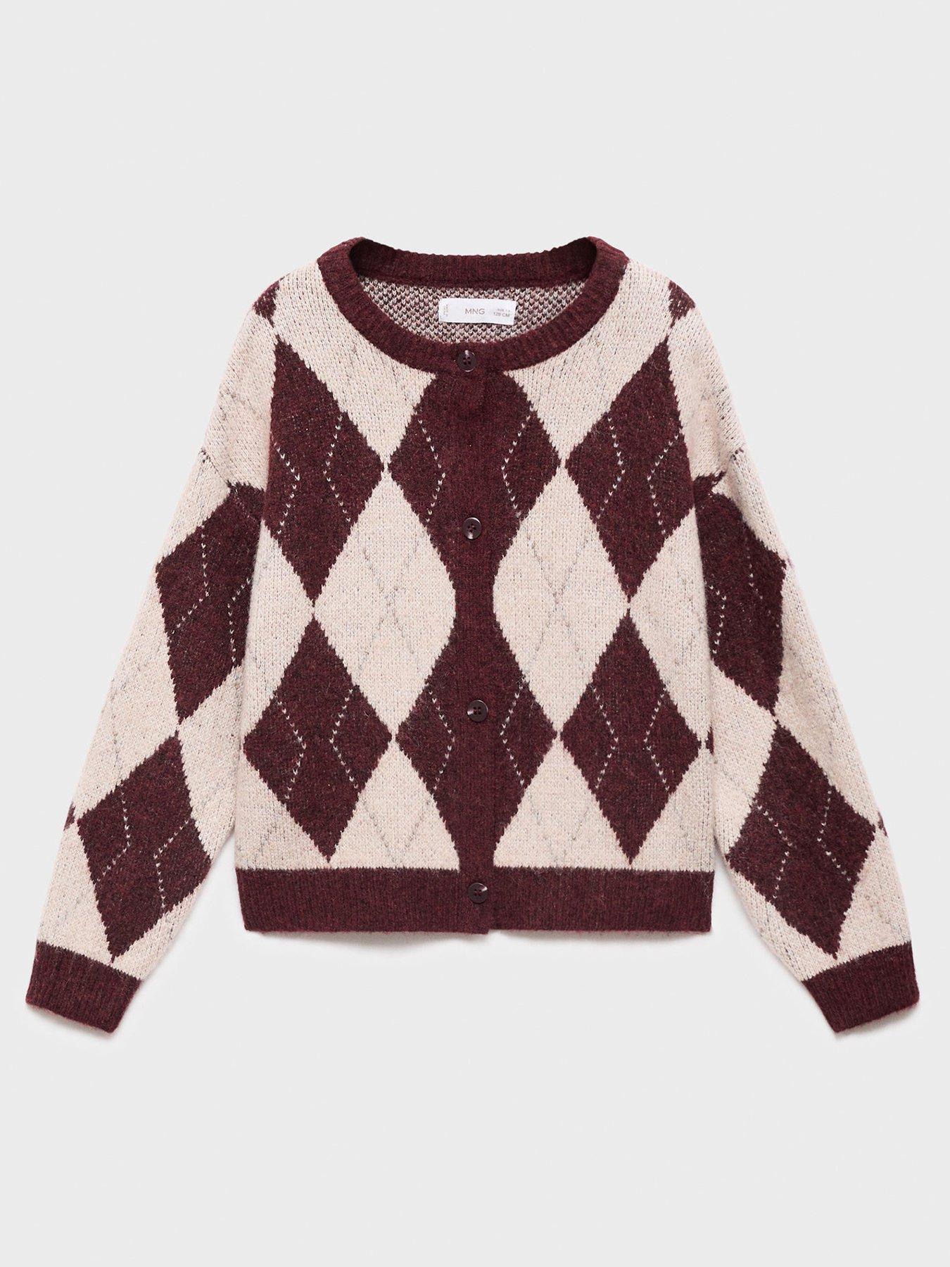 Mango Girls Jacquard Knitted Cardigan - Dark Red