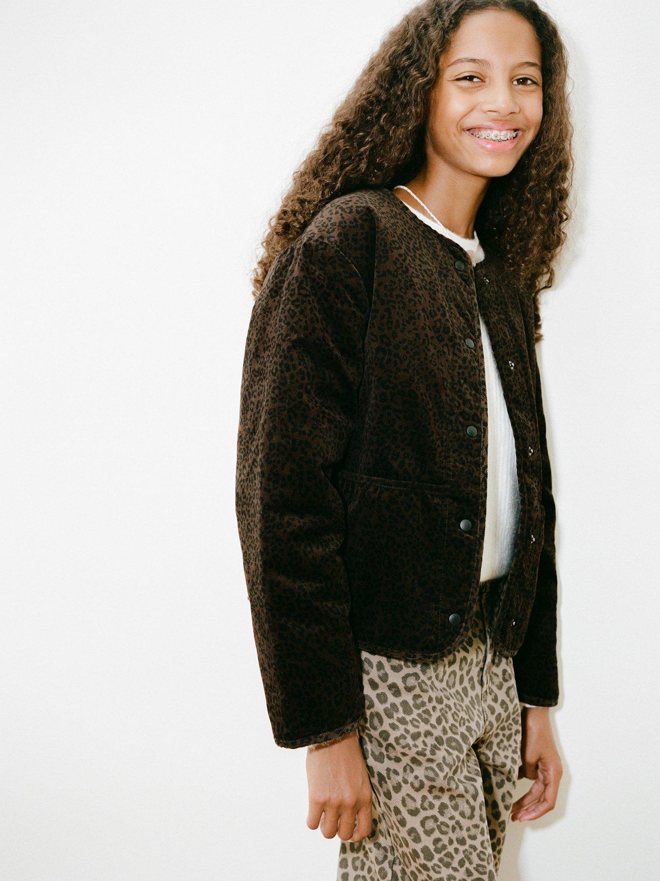 Mango Girls Leopard Printed Cord Jacket - Brown