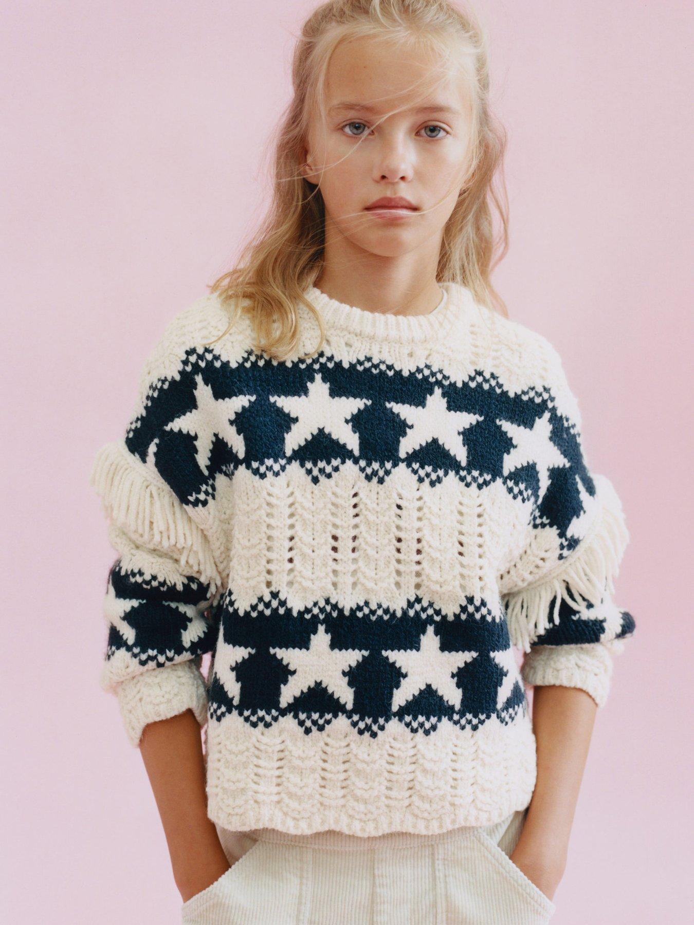 front image of mango-girls-star-fringe-knitted-jumper-light-cream