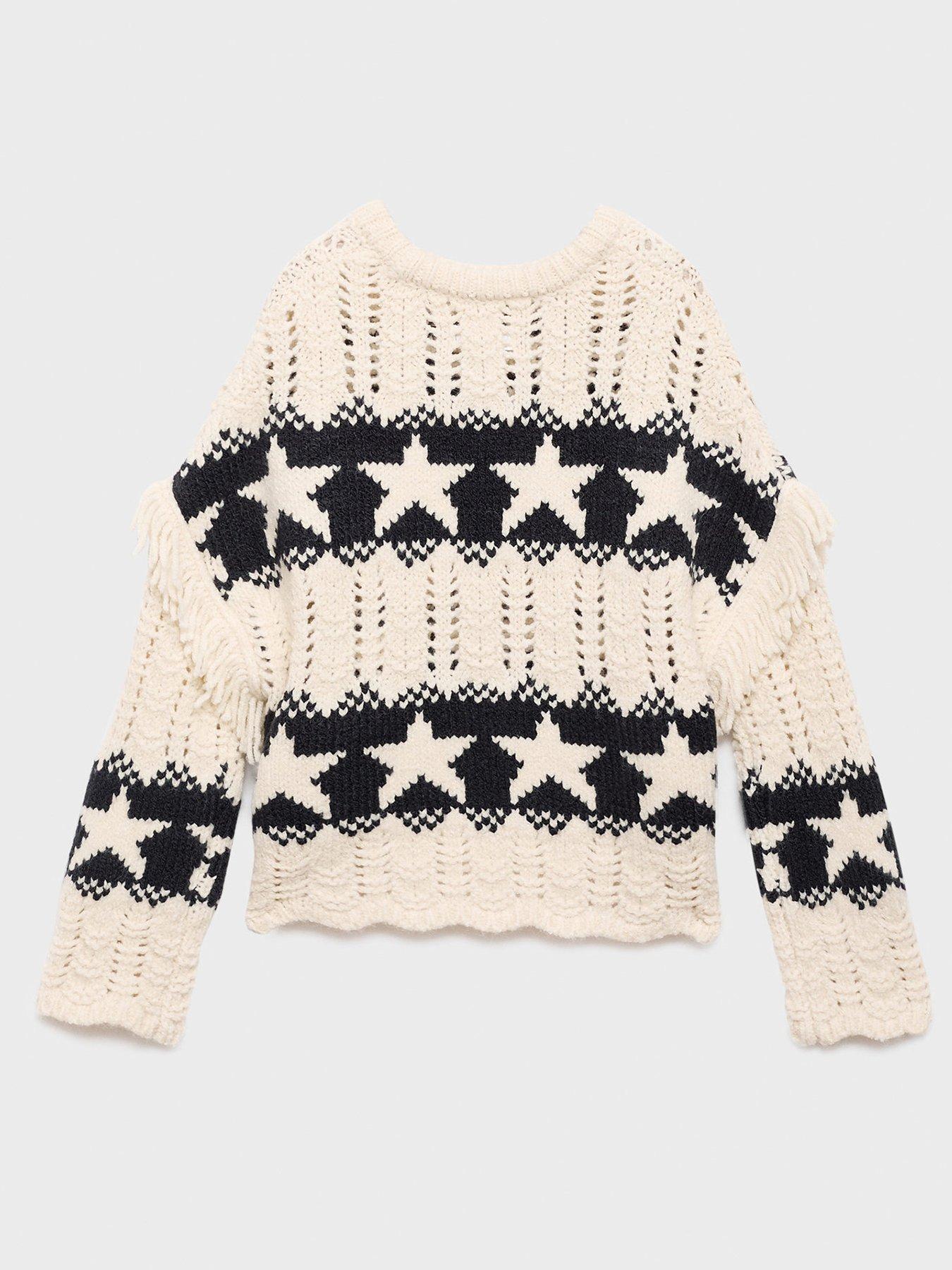  image of mango-girls-star-fringe-knitted-jumper-light-cream