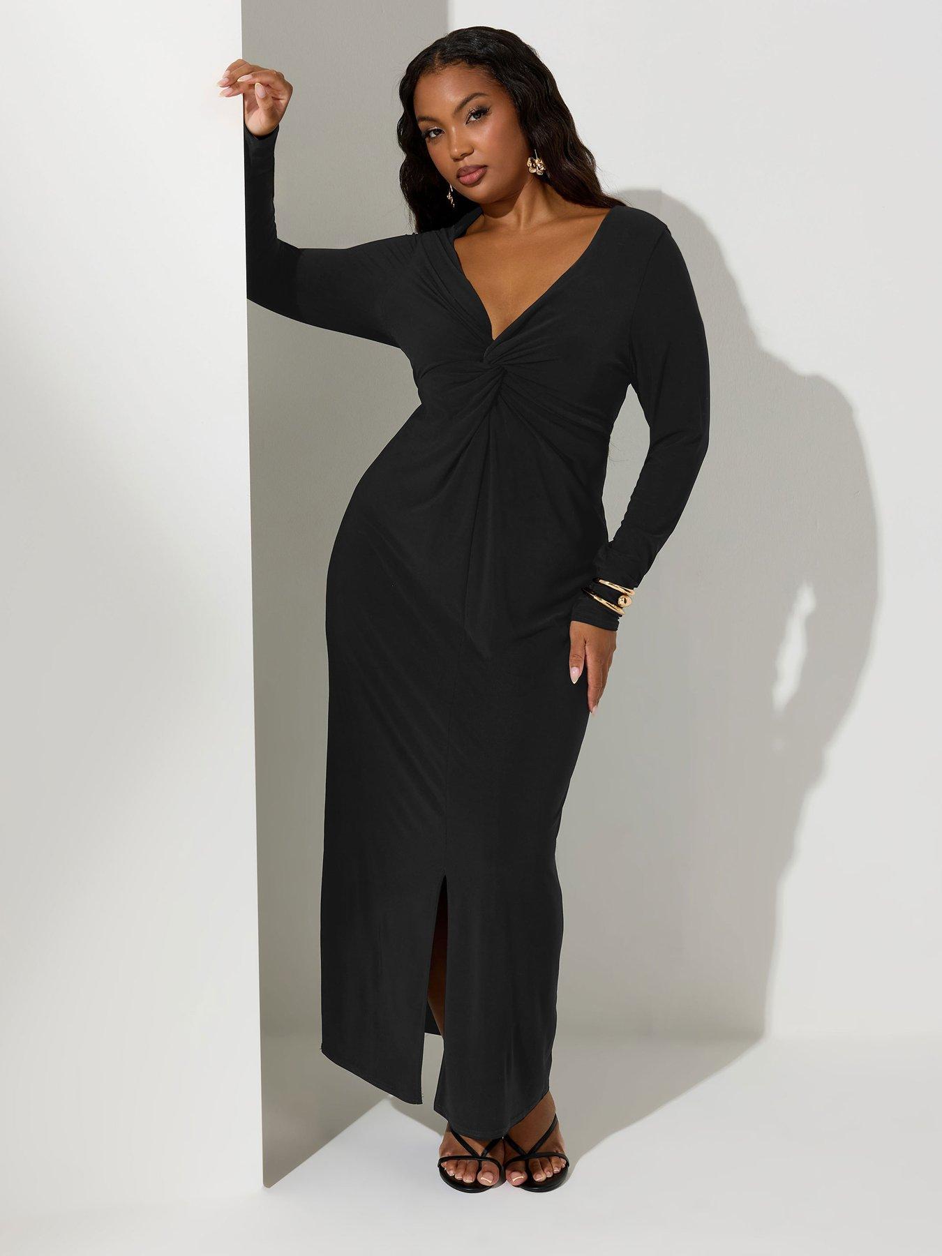 undefined Curve Long Sleeve Knot Maxi Dress - Black