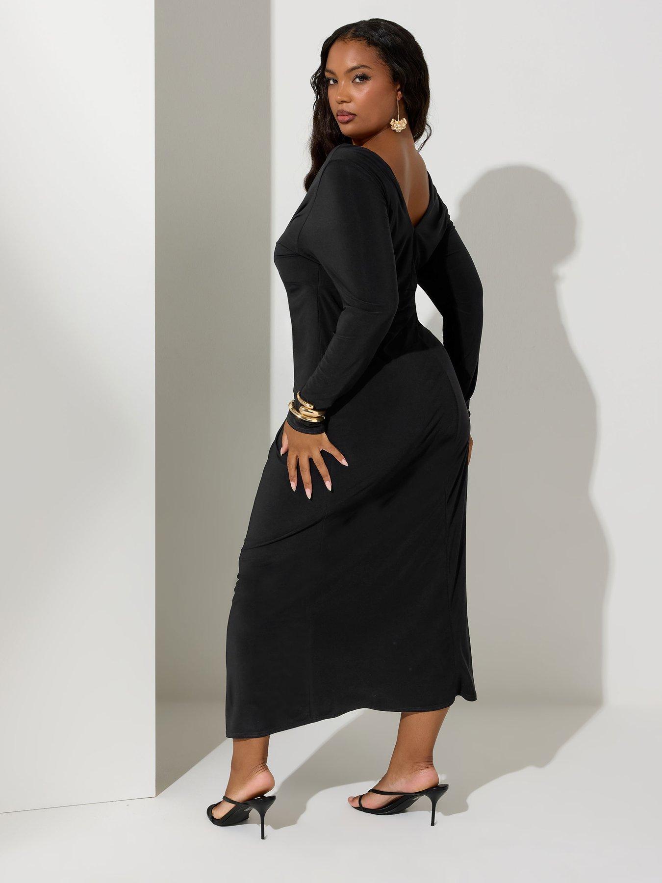 Image 2 of 4 of Yours Curve Long Sleeve Knot Maxi Dress - Black