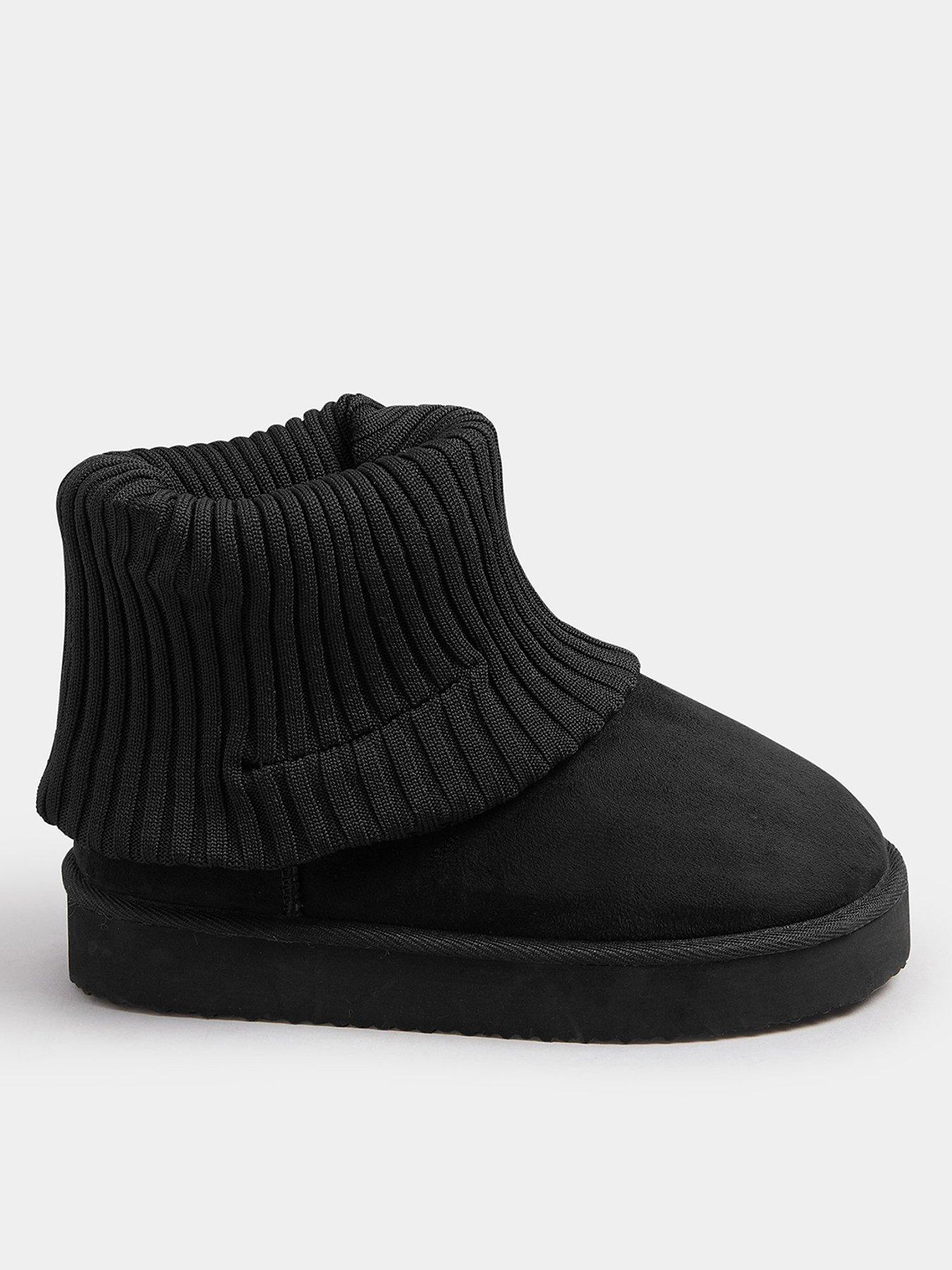 Yours Extra Wide Fit Knitted Cuff Fur Boot - Black