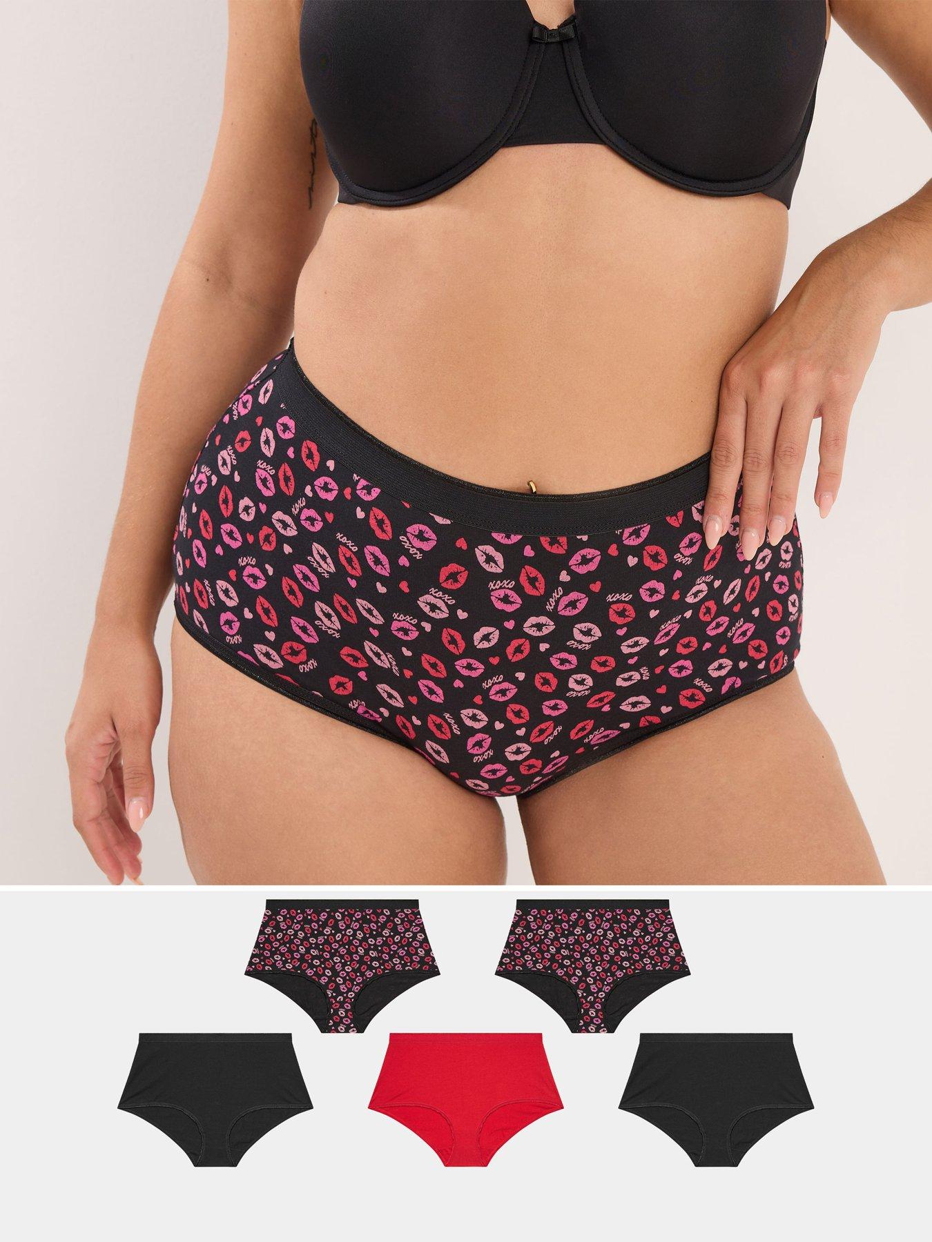 Yours Curve 5 Pack Kiss Print Full Brief - Black