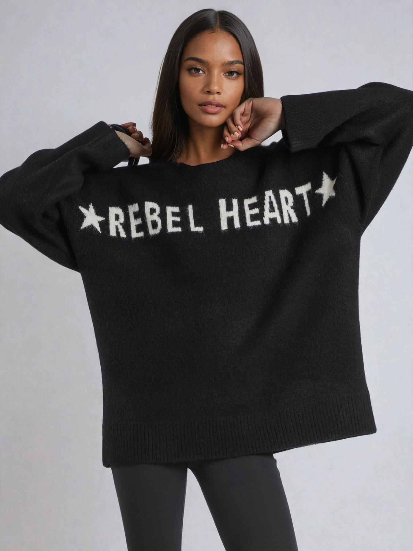 undefined Oversized Rebel Heart Slogan Soft Yarn Jumper - Black