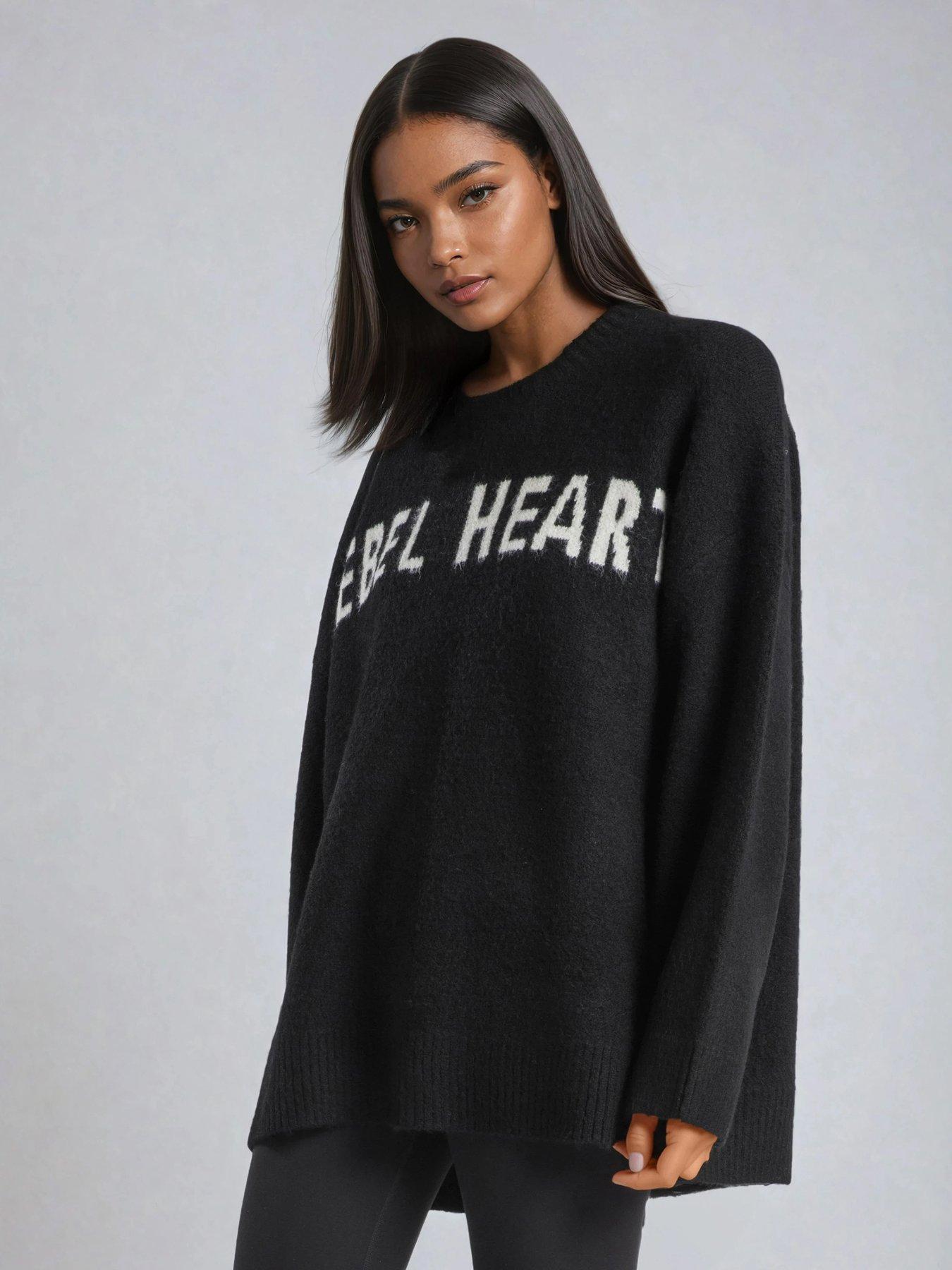 Image 3 of 4 of Religion Oversized Rebel Heart Slogan Soft Yarn Jumper - Black