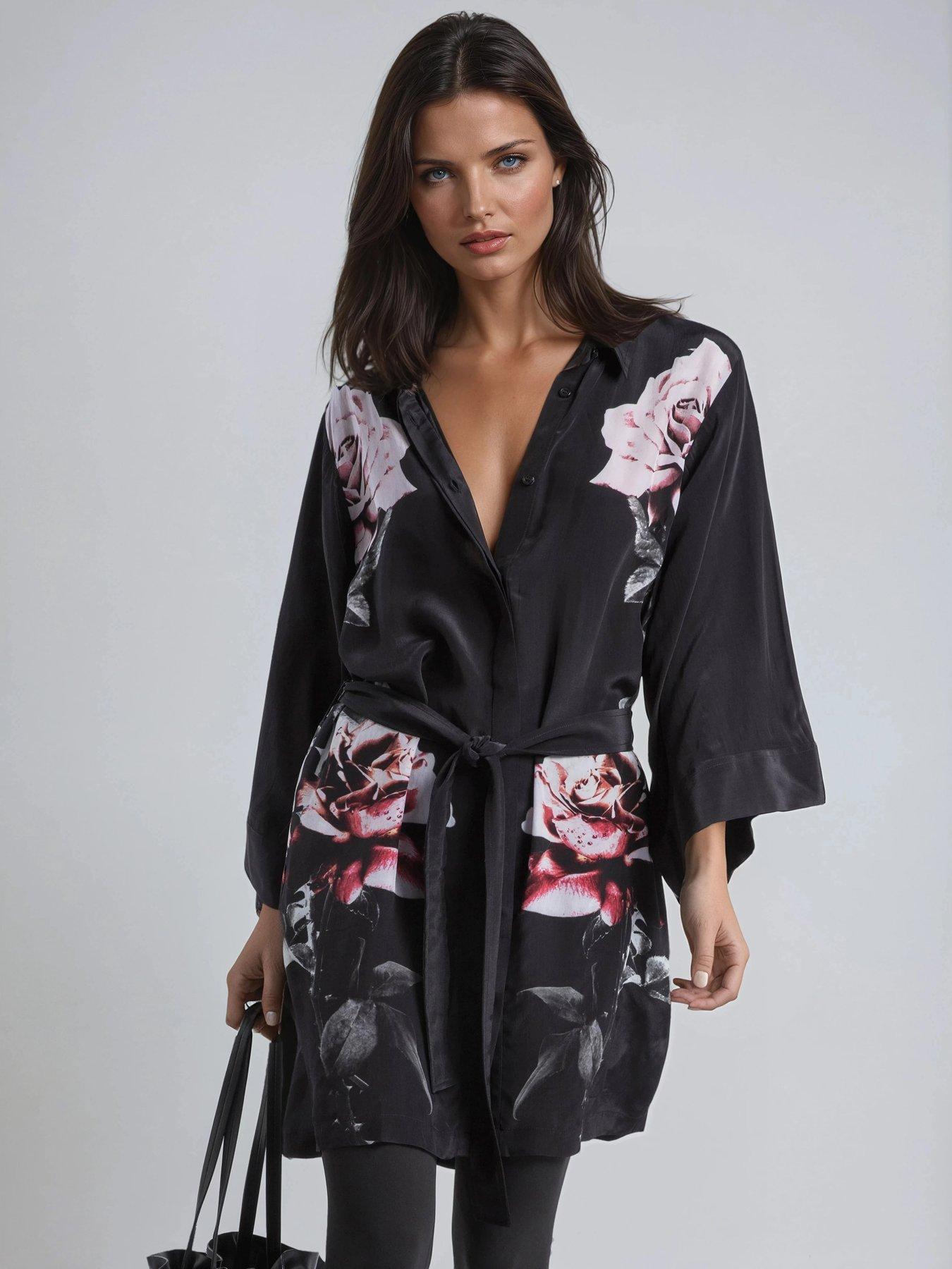 Image 1 of 6 of Religion Kimono Sleeve Rose Heart Floral Back Placement Tie Tunic Dress - Black