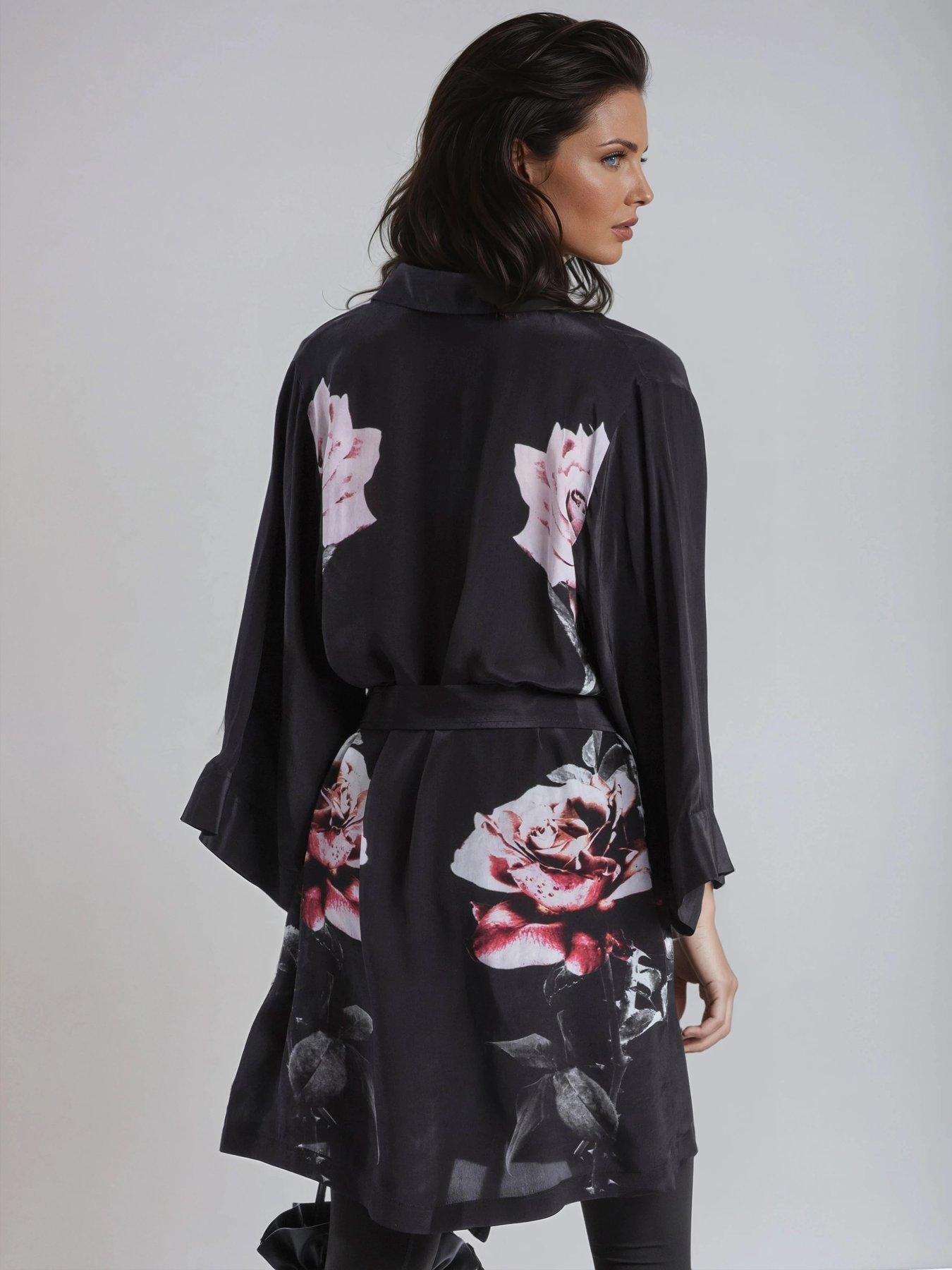 Image 2 of 6 of Religion Kimono Sleeve Rose Heart Floral Back Placement Tie Tunic Dress - Black