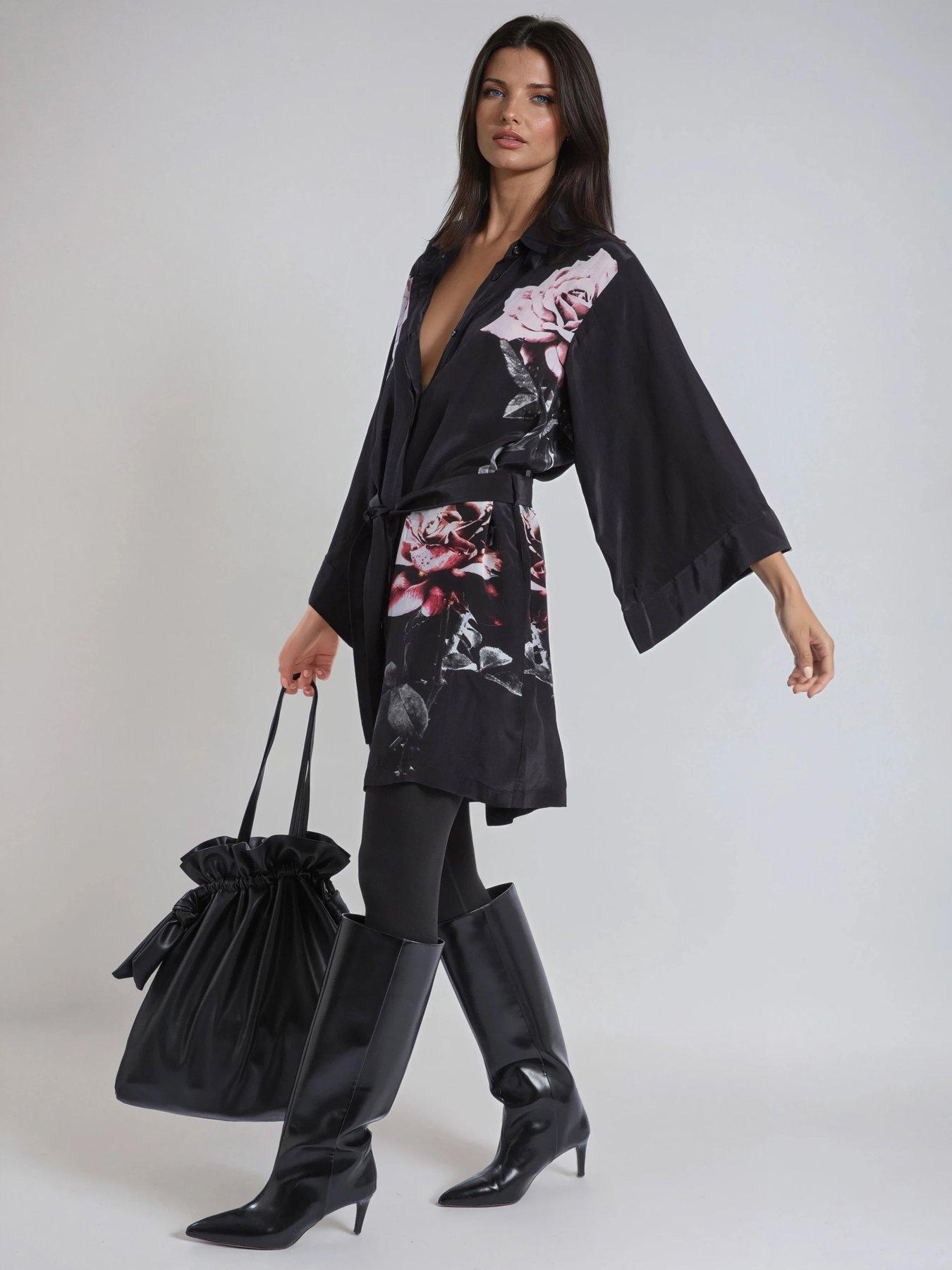 Image 3 of 6 of Religion Kimono Sleeve Rose Heart Floral Back Placement Tie Tunic Dress - Black