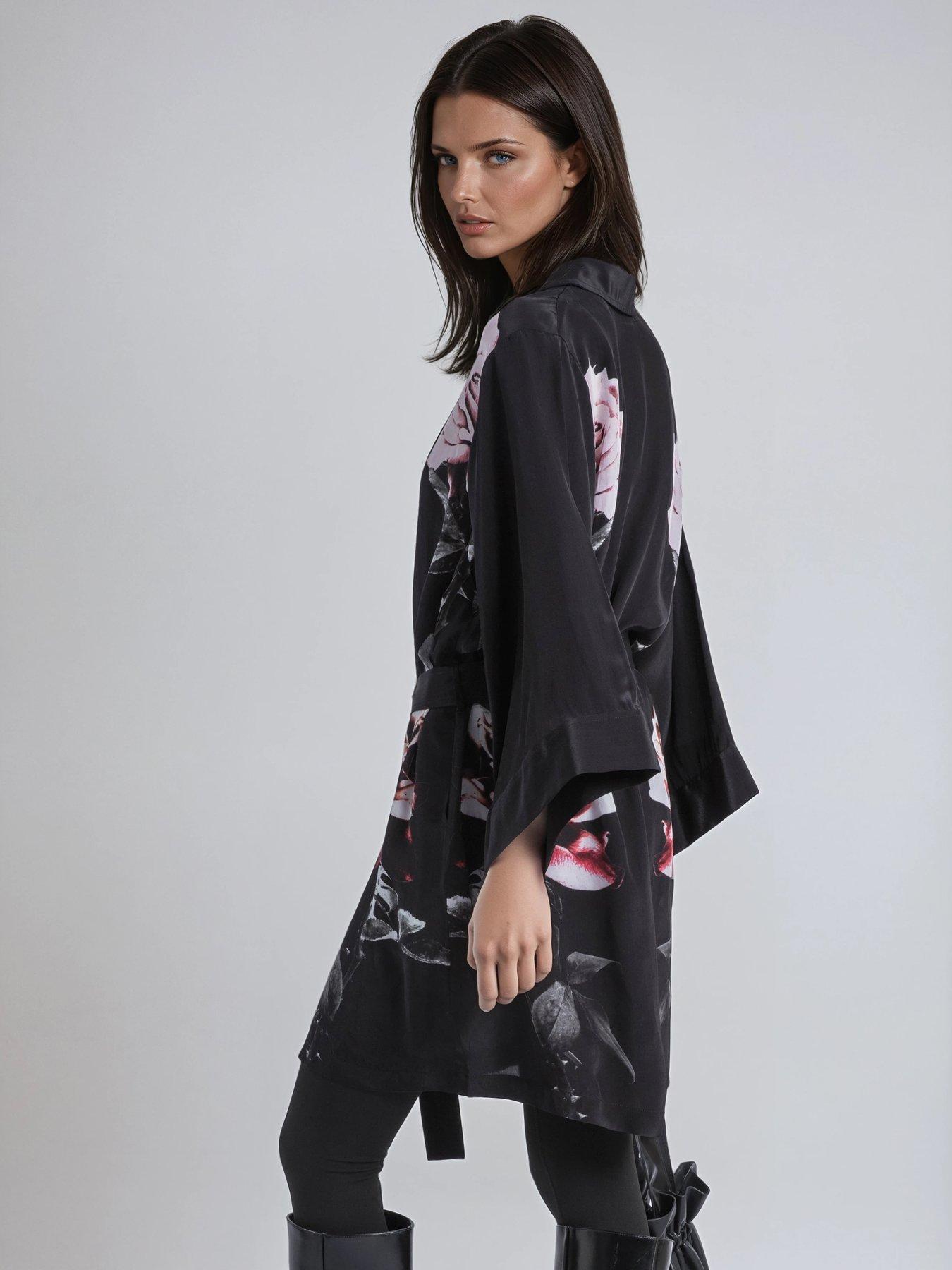 Image 4 of 6 of Religion Kimono Sleeve Rose Heart Floral Back Placement Tie Tunic Dress - Black