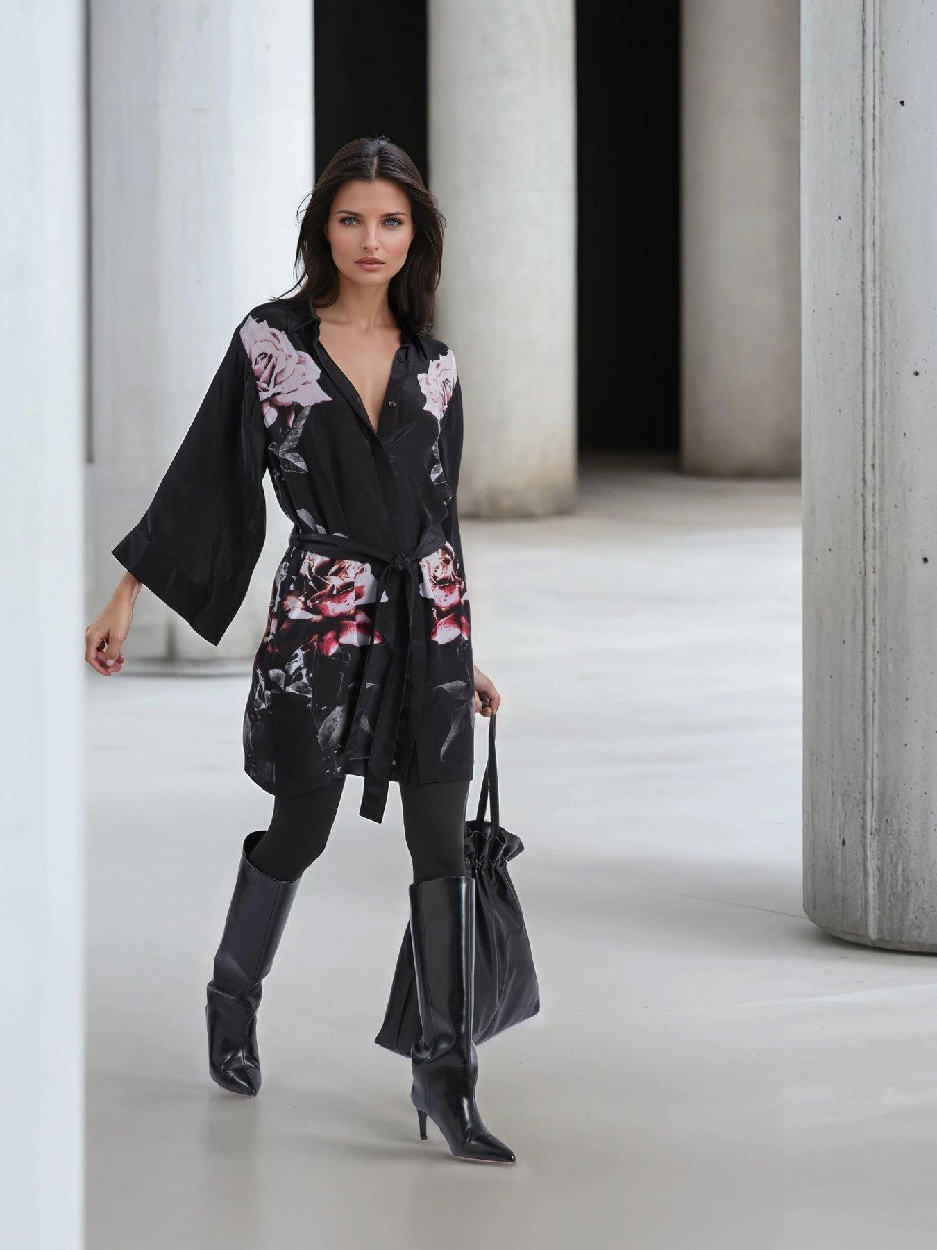 Image 5 of 6 of Religion Kimono Sleeve Rose Heart Floral Back Placement Tie Tunic Dress - Black