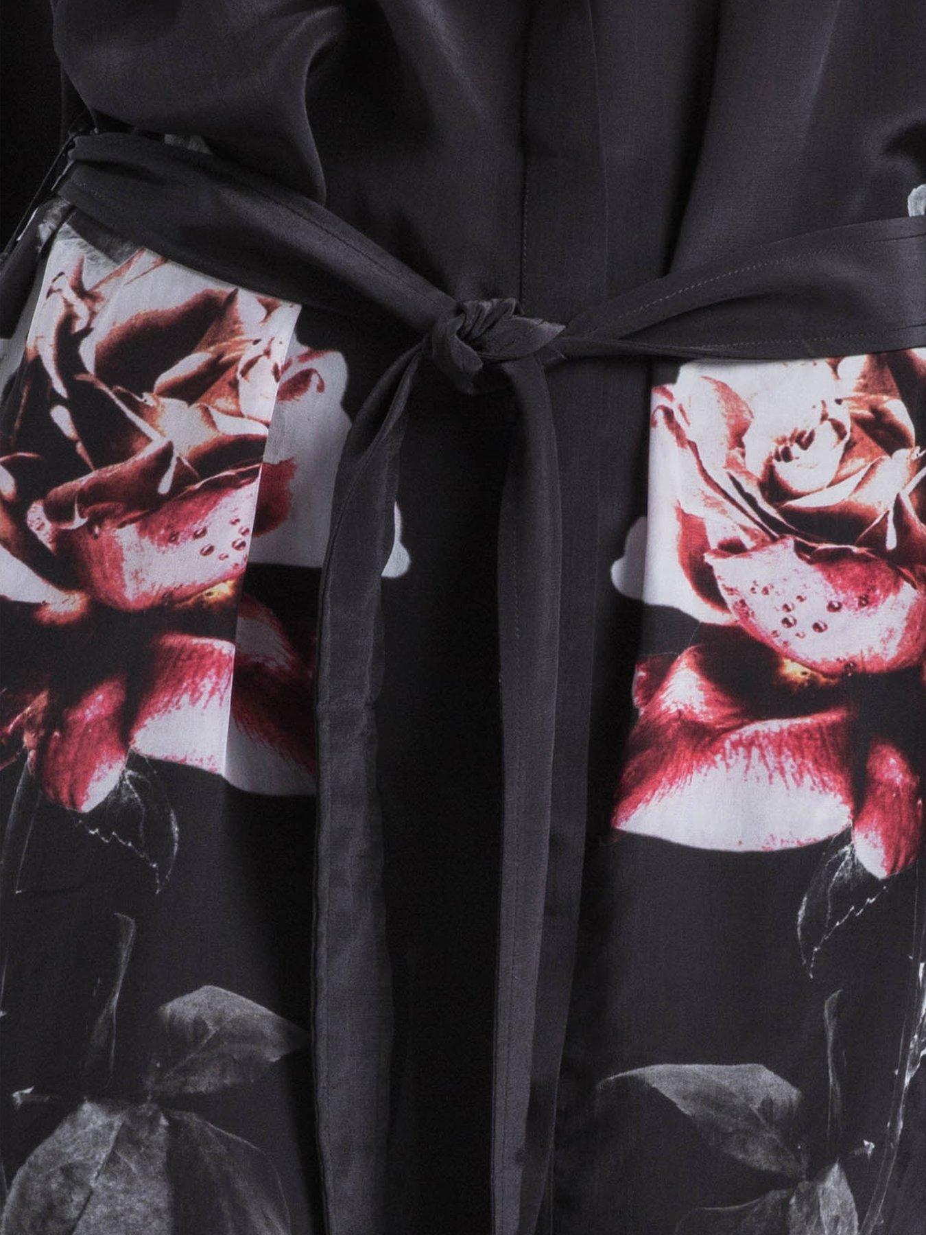 Image 6 of 6 of Religion Kimono Sleeve Rose Heart Floral Back Placement Tie Tunic Dress - Black