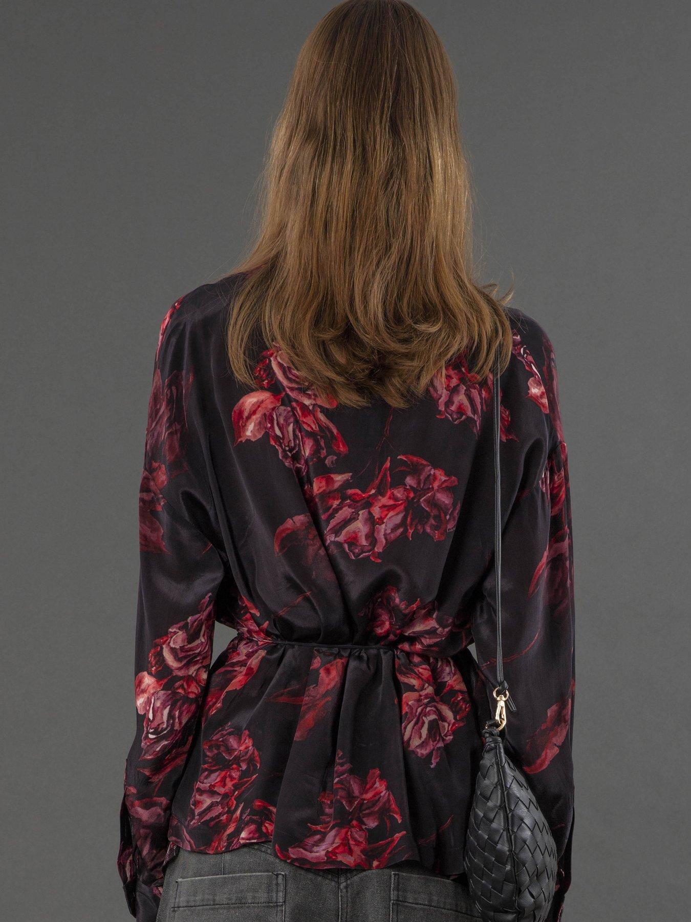  image of religion-lola-long-line-tie-waist-floral-shirt-red