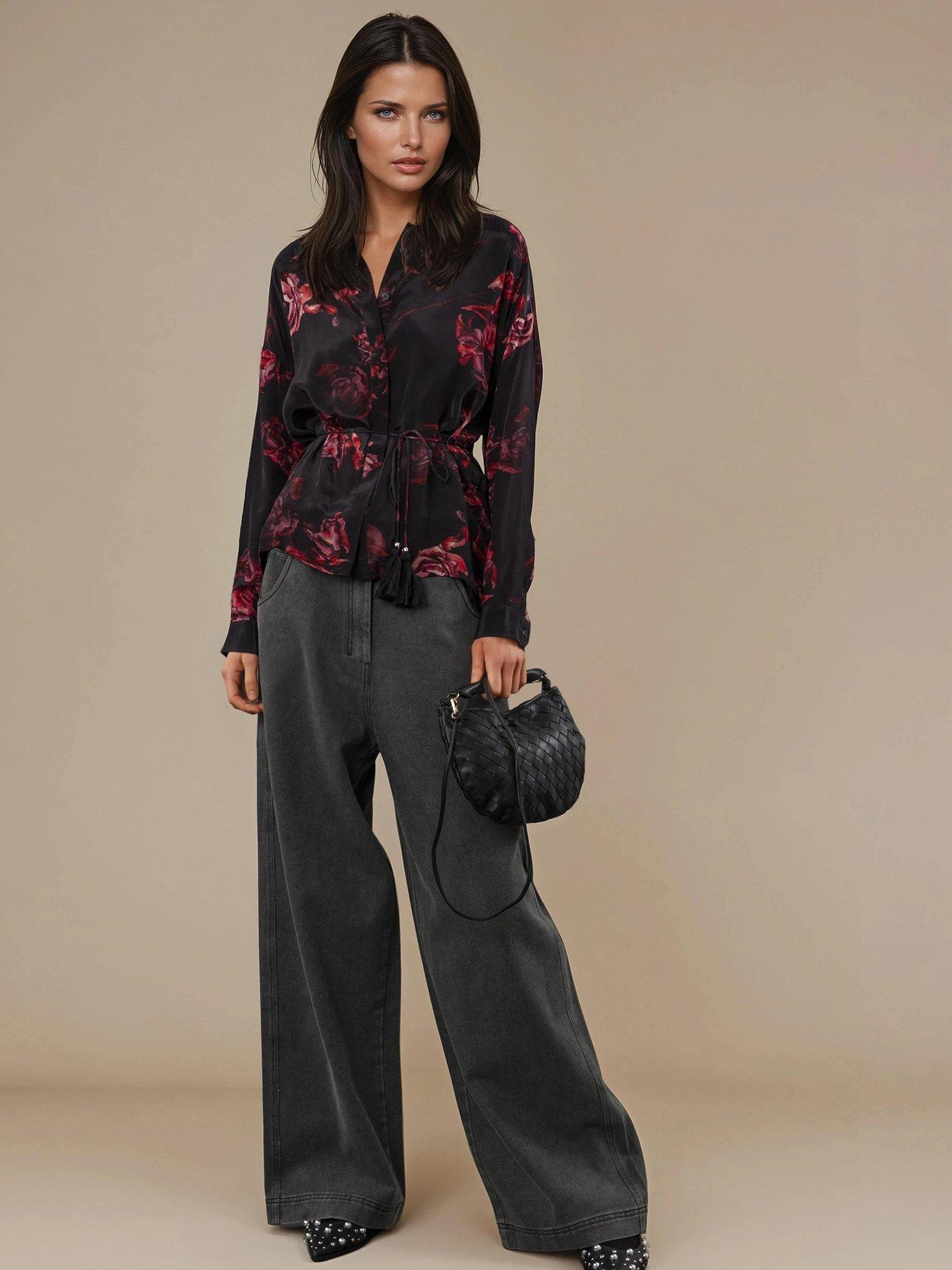  image of religion-lola-long-line-tie-waist-floral-shirt-red