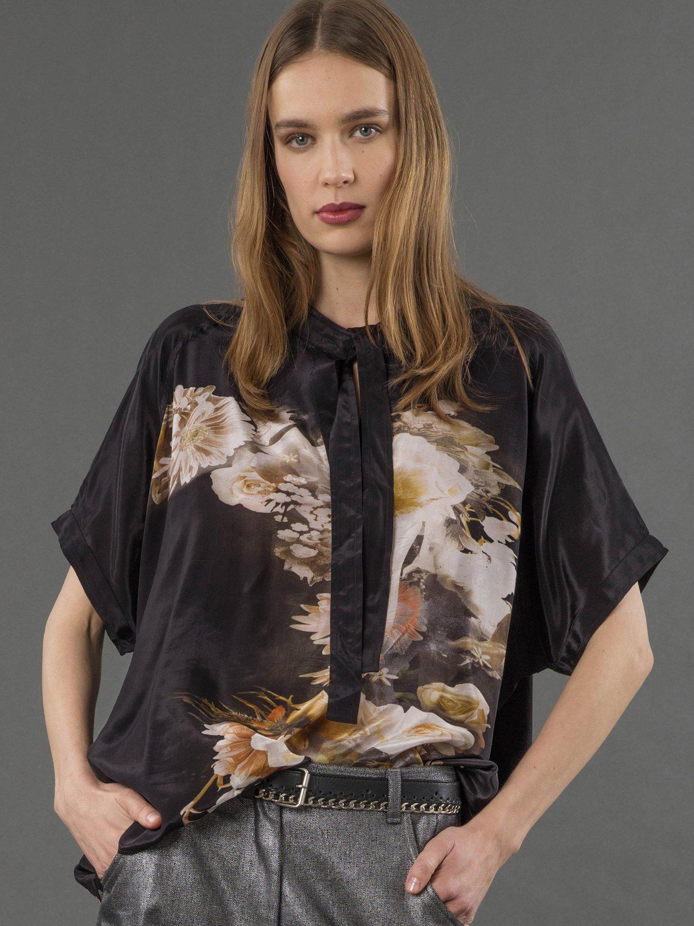 Religion Lola Oversized Floral Placement Blouse - Black