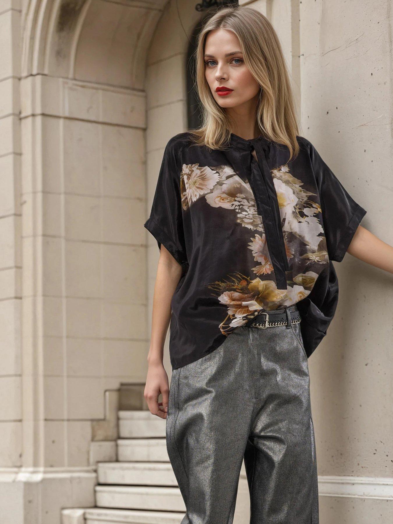 Image 4 of 6 of Religion Lola Oversized Floral Placement Blouse - Black