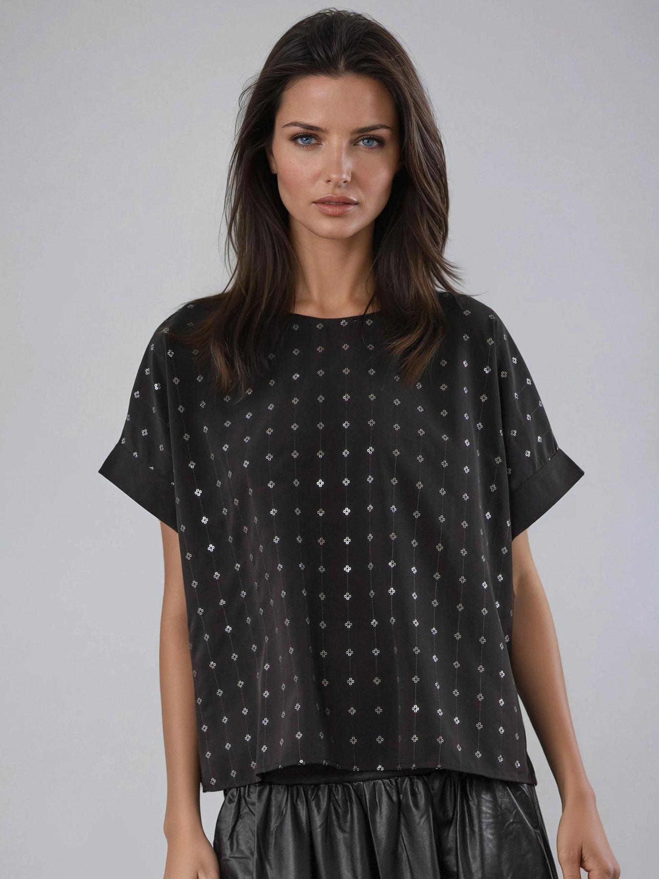 undefined Mila Short Sleeved Sequin Flower Top - Black