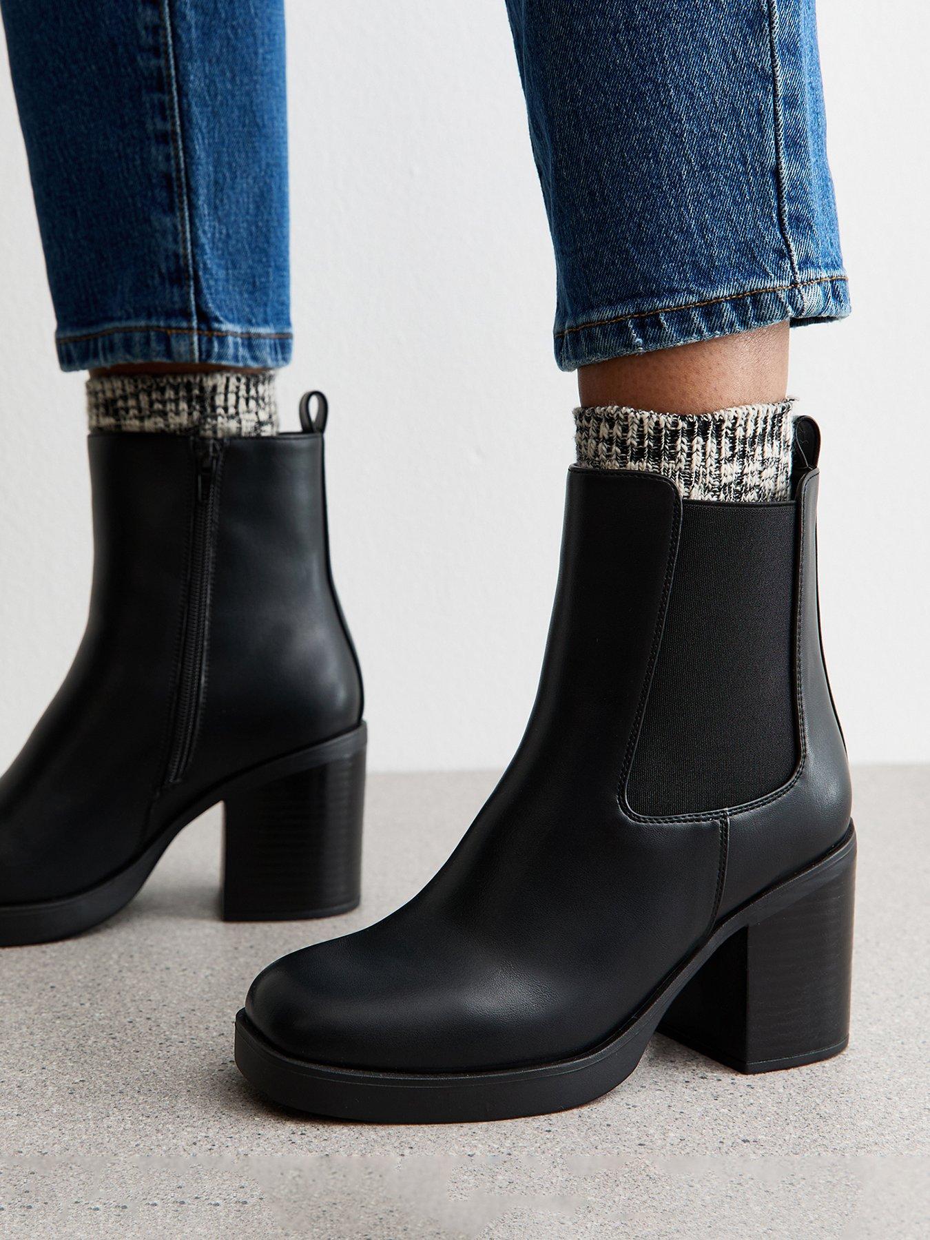  image of new-look-black-faux-leather-chunky-heel-chelsea-boots