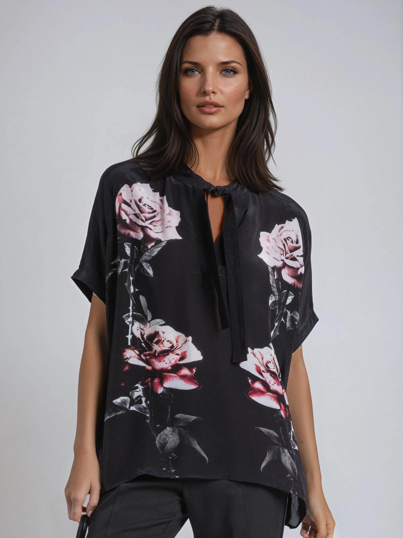 Religion Loose Rose Heart Tie Neck Floral Back Placement Blouse - Black