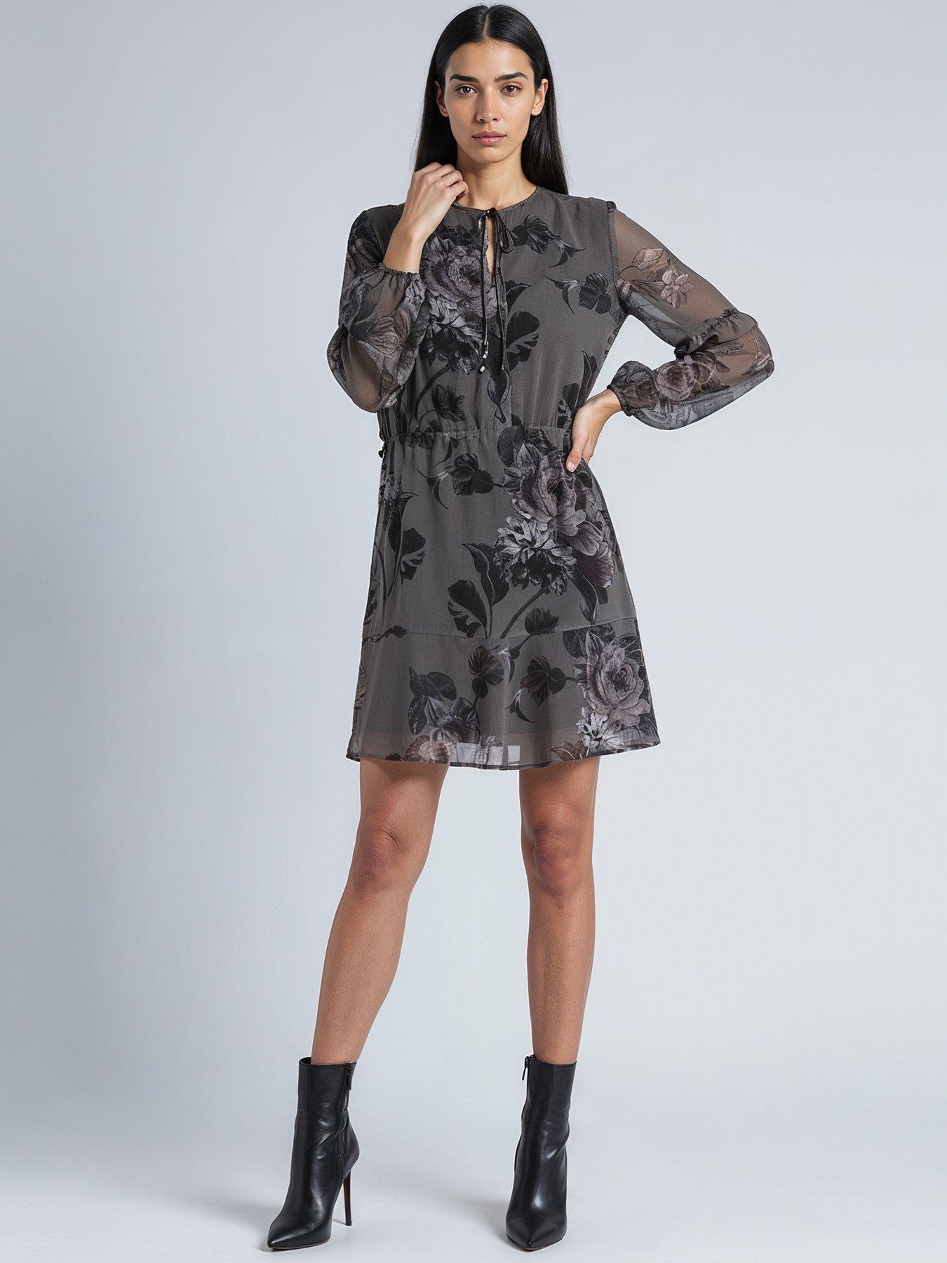  image of religion-aida-short-mini-floral-print-tie-waist-shift-dress-grey