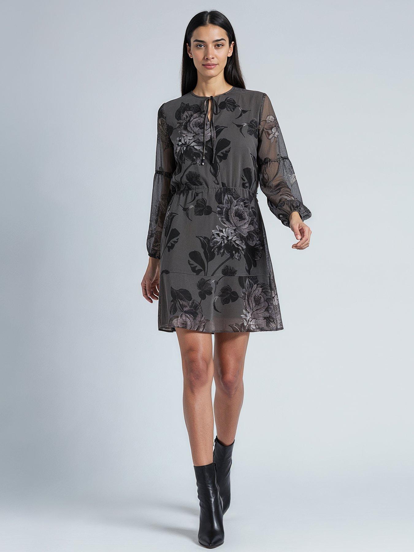  image of religion-aida-short-mini-floral-print-tie-waist-shift-dress-grey