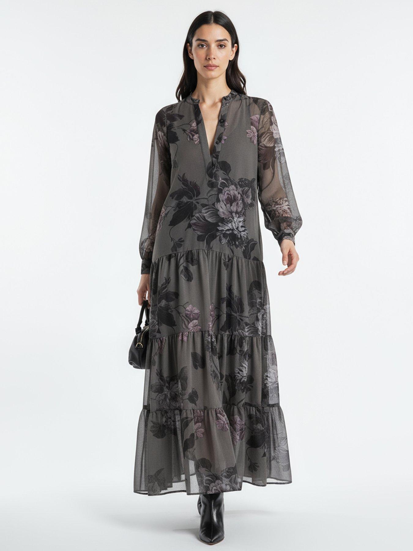 Image 1 of 6 of Religion Stephanie Tiered Floral Print Maxi Boho Dress - Grey