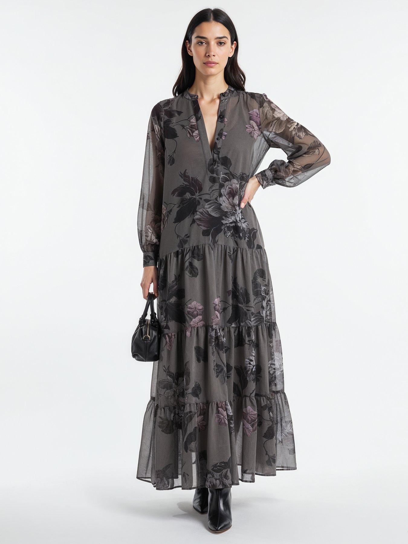 Image 3 of 6 of Religion Stephanie Tiered Floral Print Maxi Boho Dress - Grey