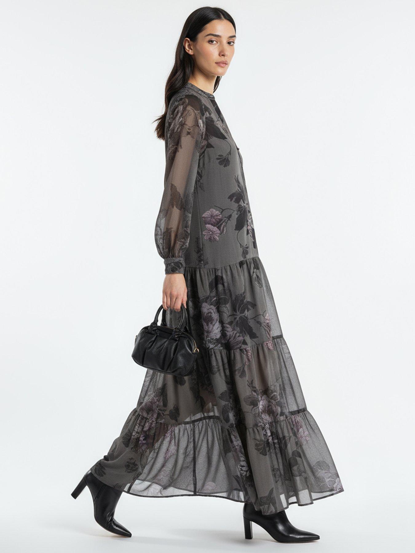 Image 4 of 6 of Religion Stephanie Tiered Floral Print Maxi Boho Dress - Grey