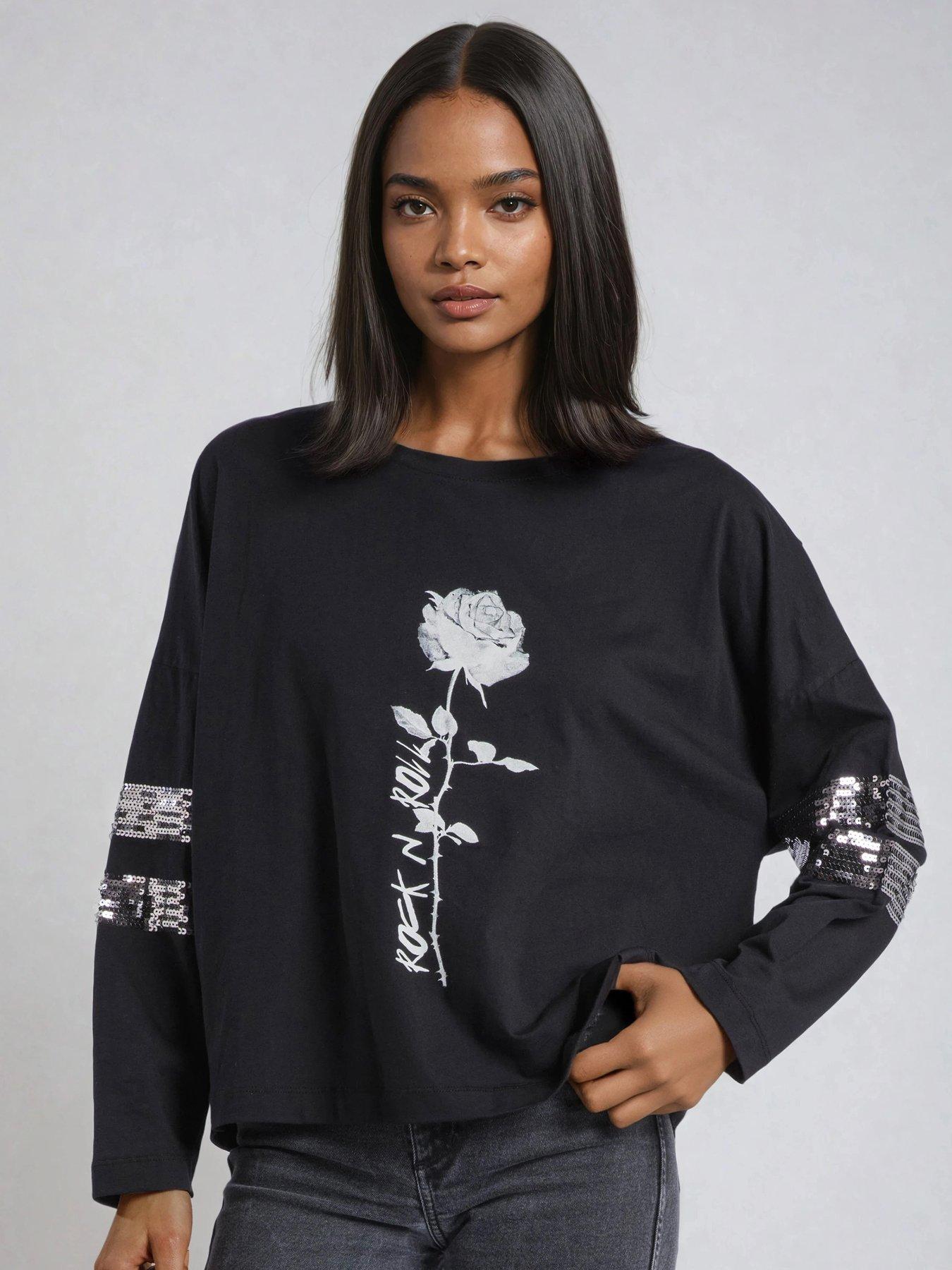 undefined Long Sleeve Rose Grpahic Embellished Iris Top  - Black