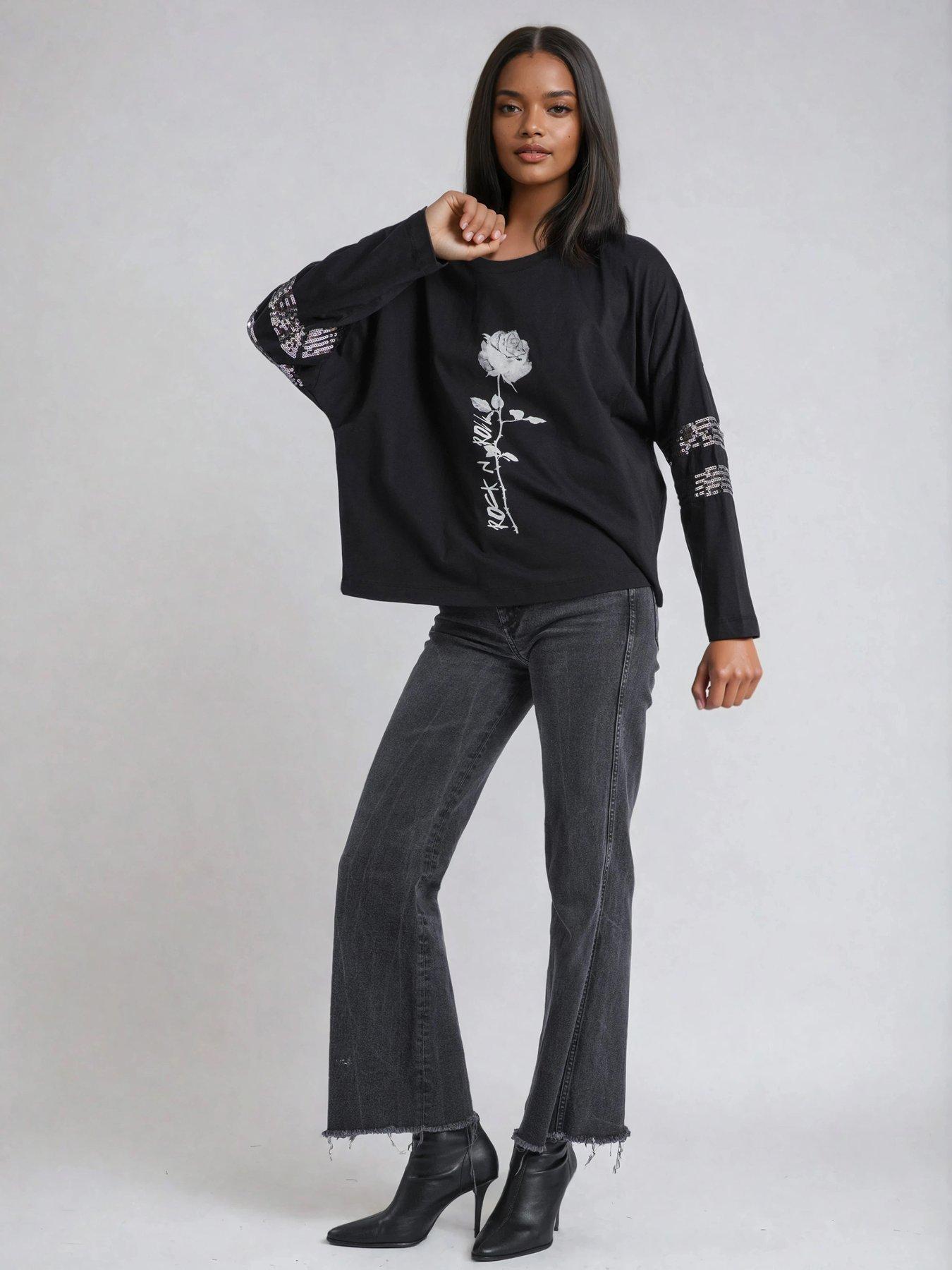  image of religion-long-sleeve-rose-graphic-embellished-iris-top-black