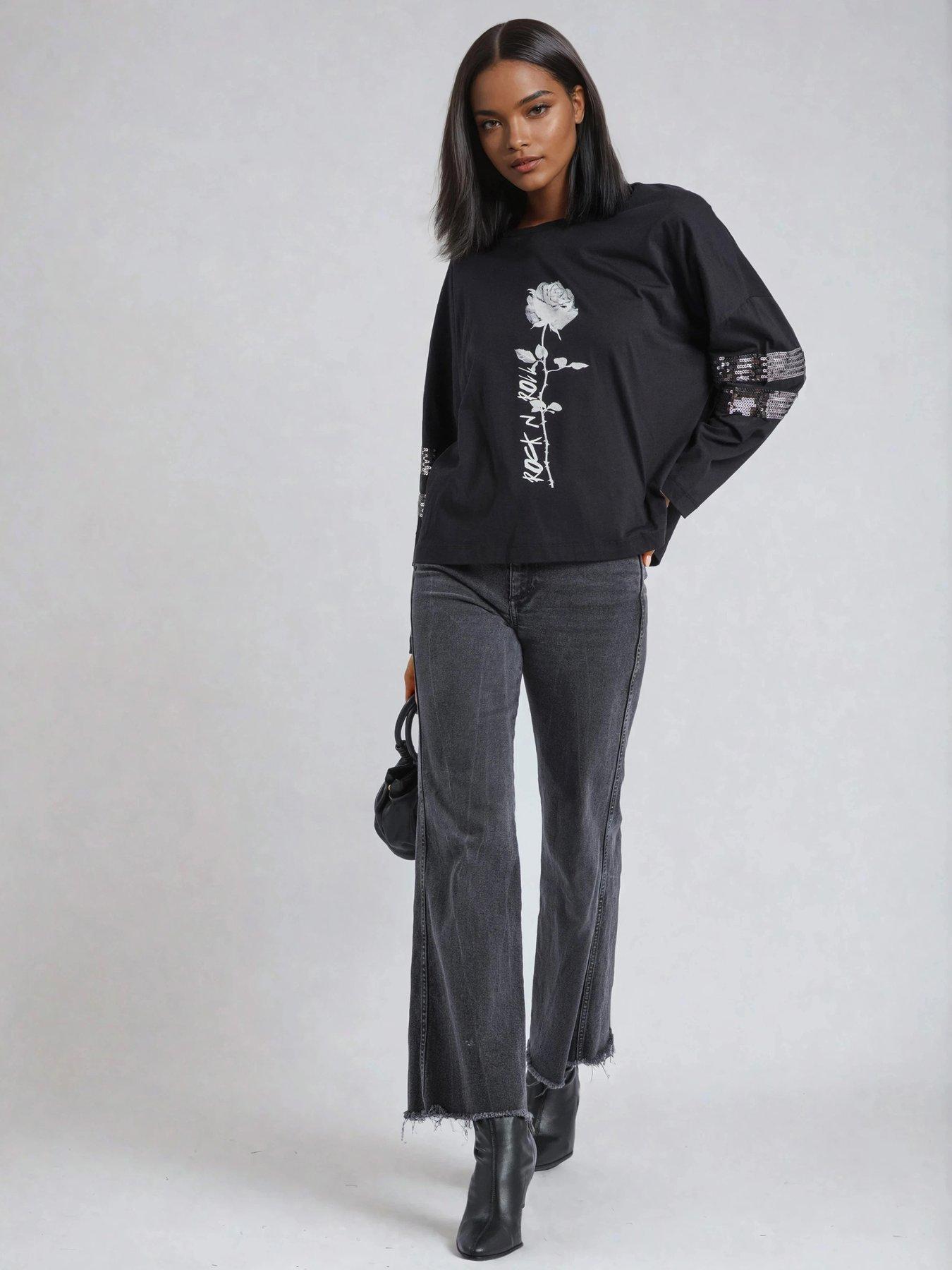  image of religion-long-sleeve-rose-graphic-embellished-iris-top-black