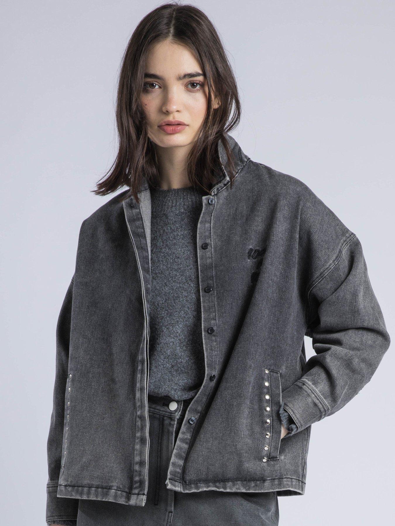 undefined Eccentric Washed Denim Emroidered Studded Shirt Jacket - Grey