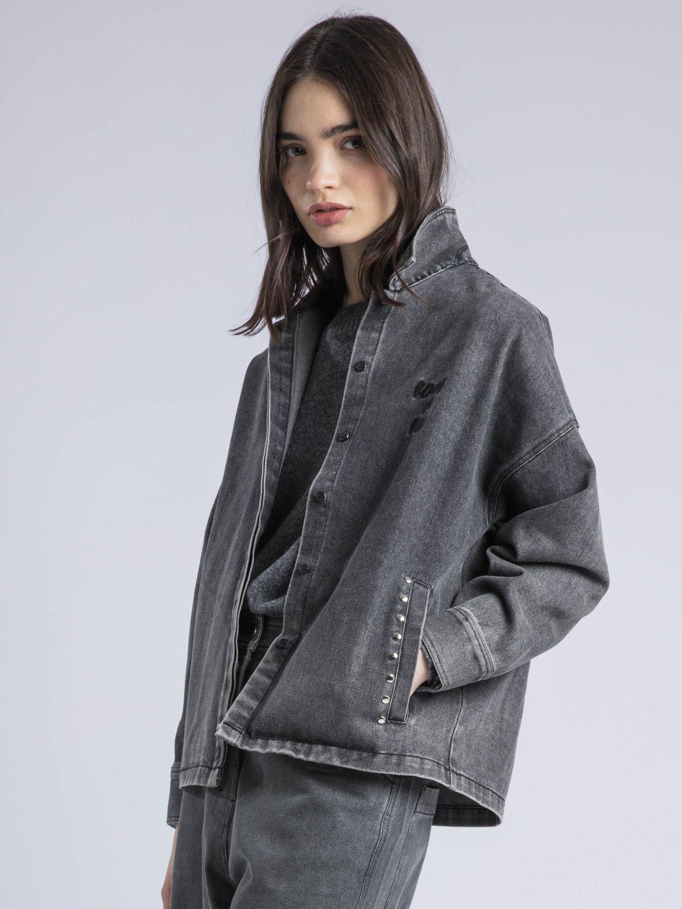 Image 4 of 6 of Religion Eccentric Washed Denim Embroidered Studded Shirt Jacket - Grey