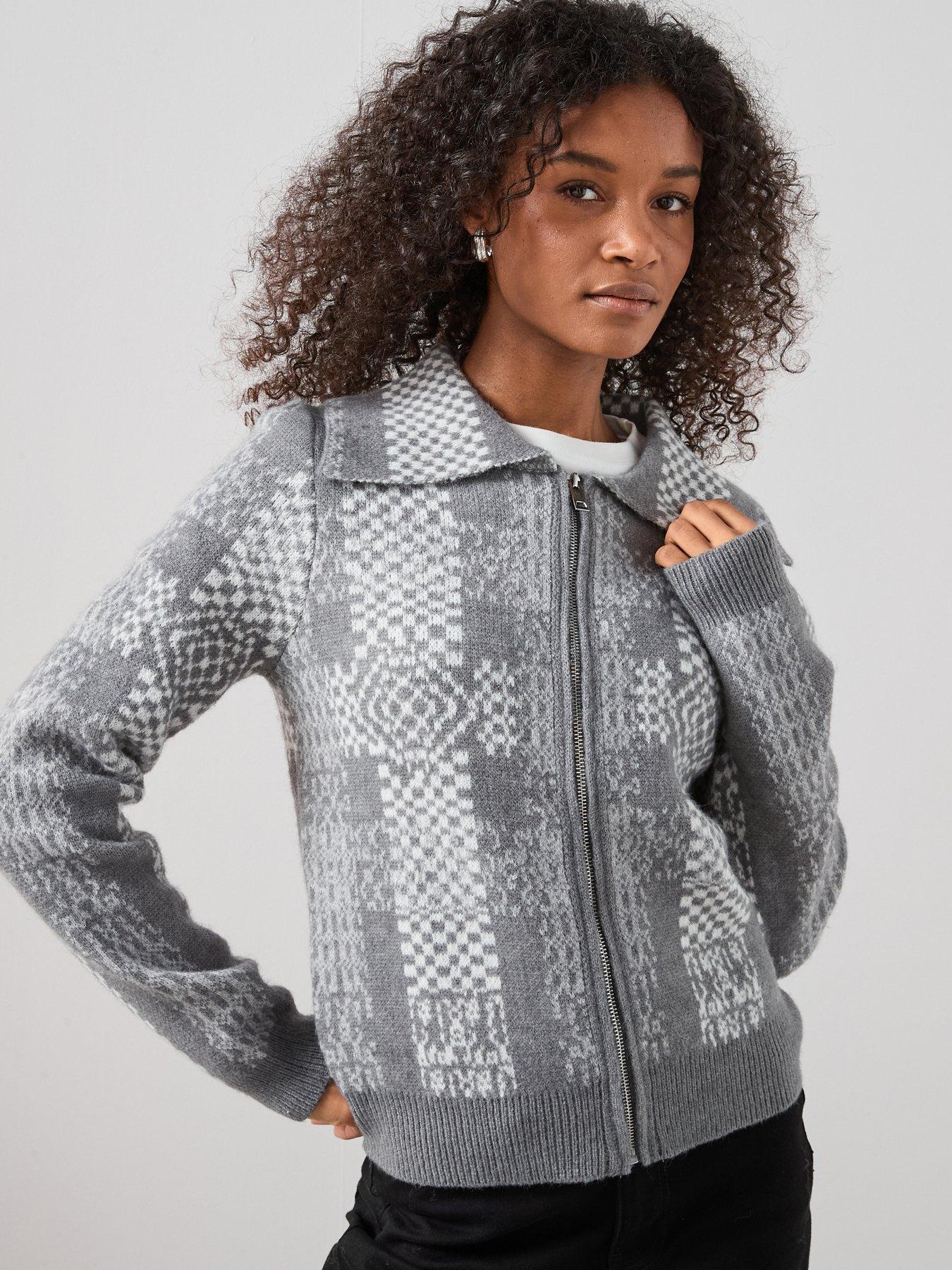 The Very Collection Zip Through Checked Knitted Jacket - Grey