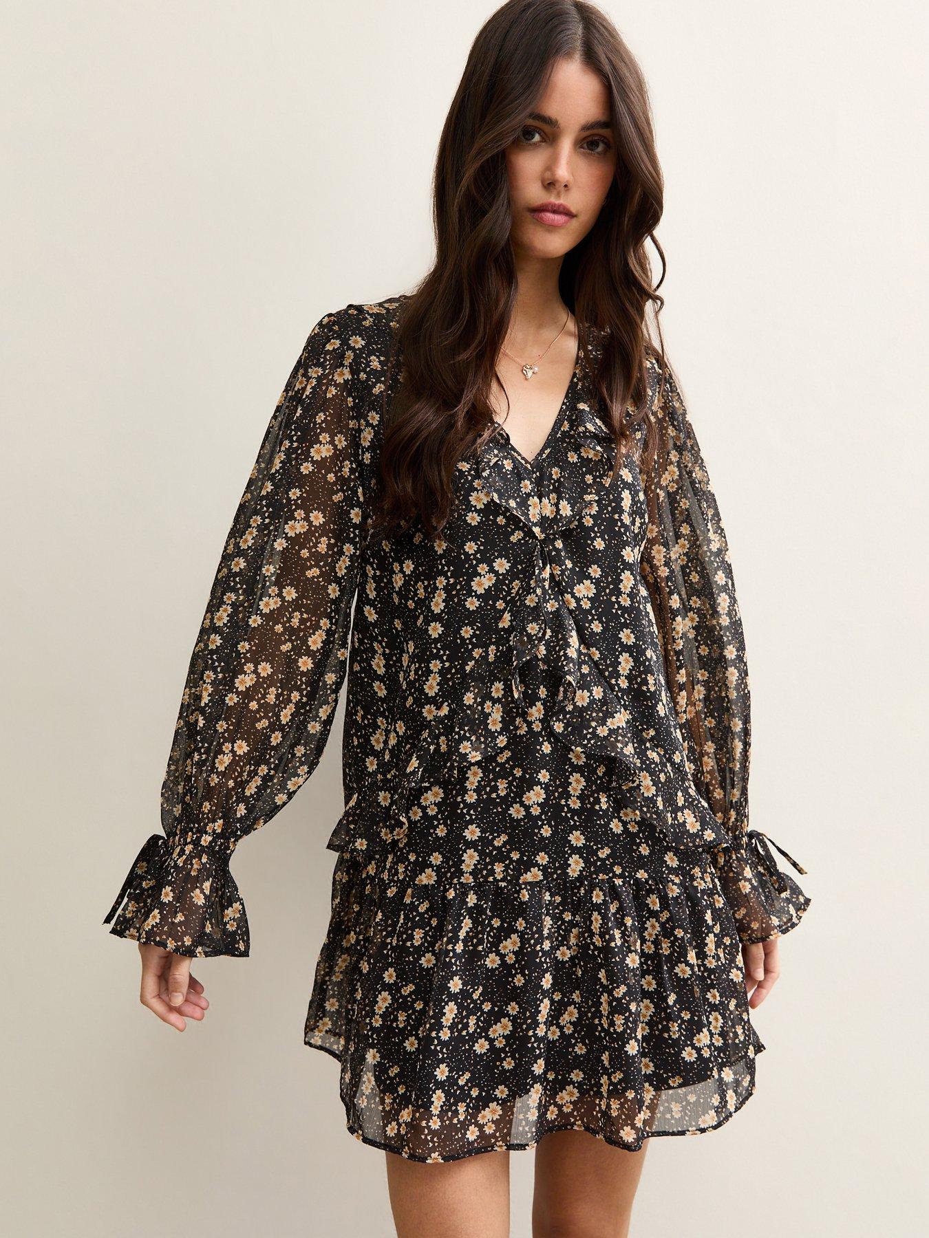 New Look Floral Chiffon Frilly Mini Dress - Black