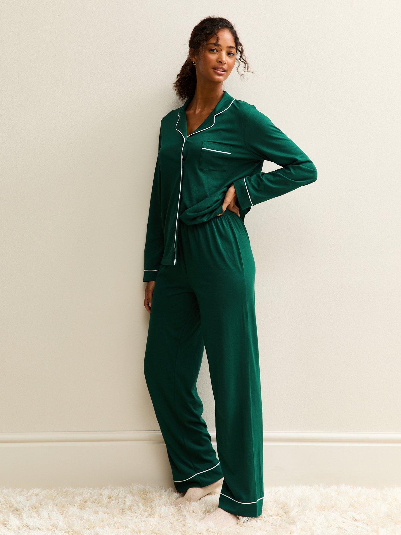 New Look Contrast Trim Revere Collar Pyjama Set - Green
