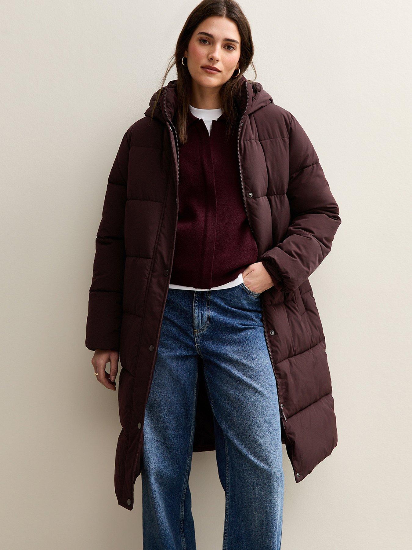 New Look Tiered Longline Puffer Jacket - Burgundy