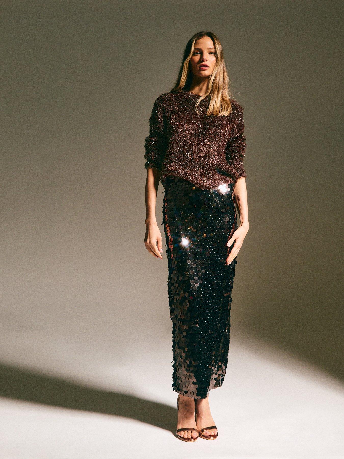  image of new-look-brown-sparkle-knit-crew-neck-jumper