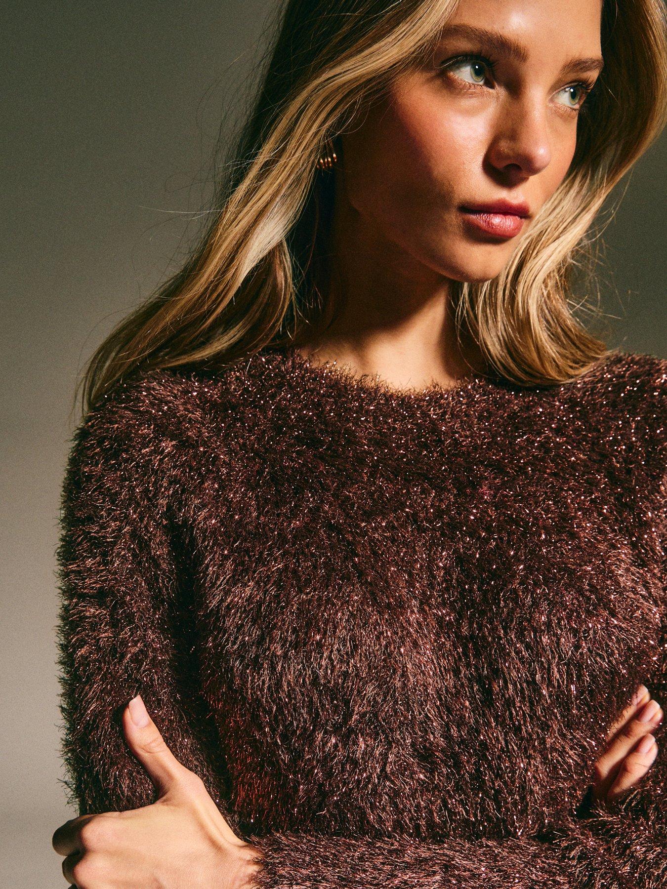  image of new-look-brown-sparkle-knit-crew-neck-jumper
