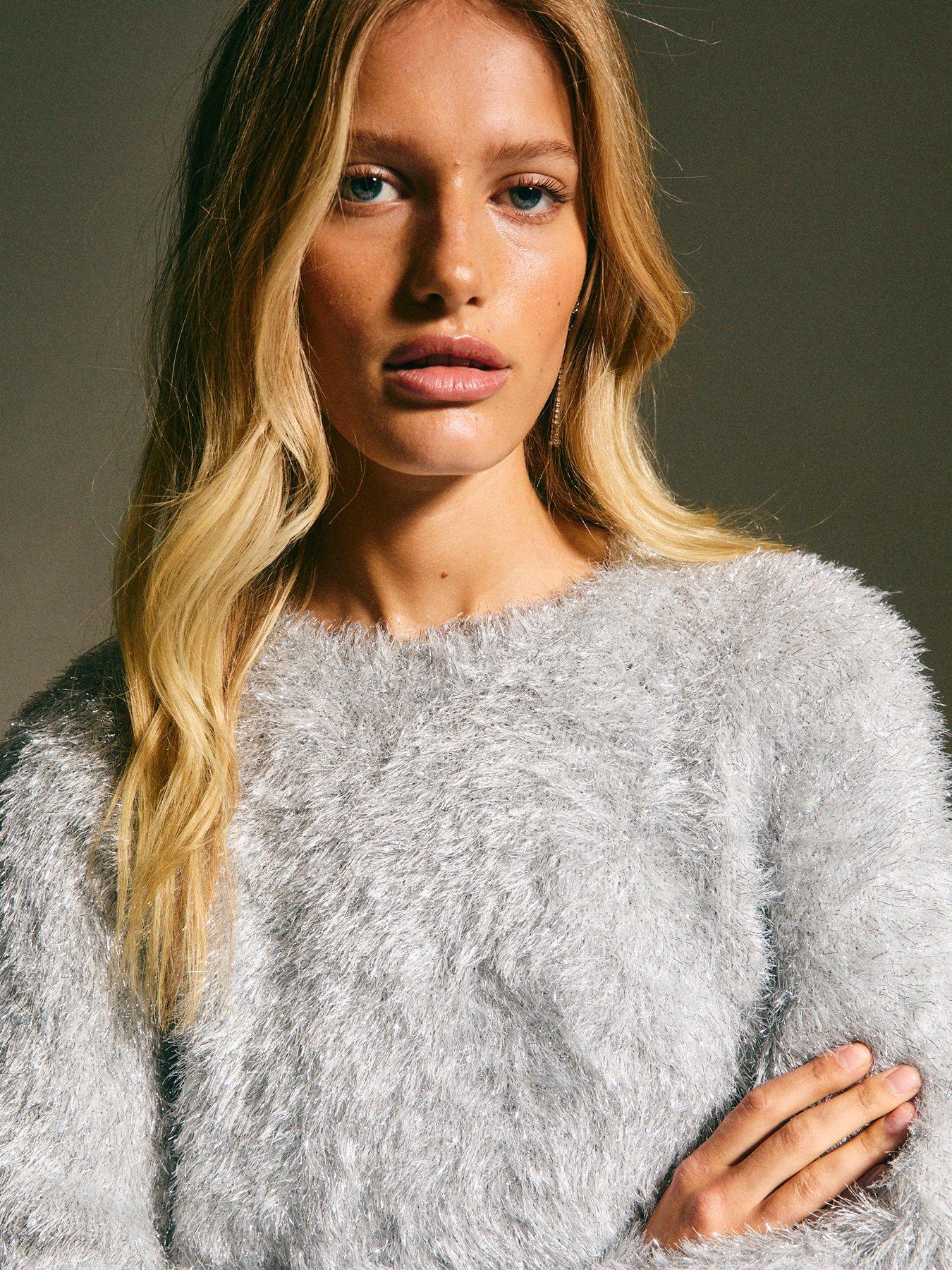  image of new-look-grey-sparkly-knit-crew-neck-jumper