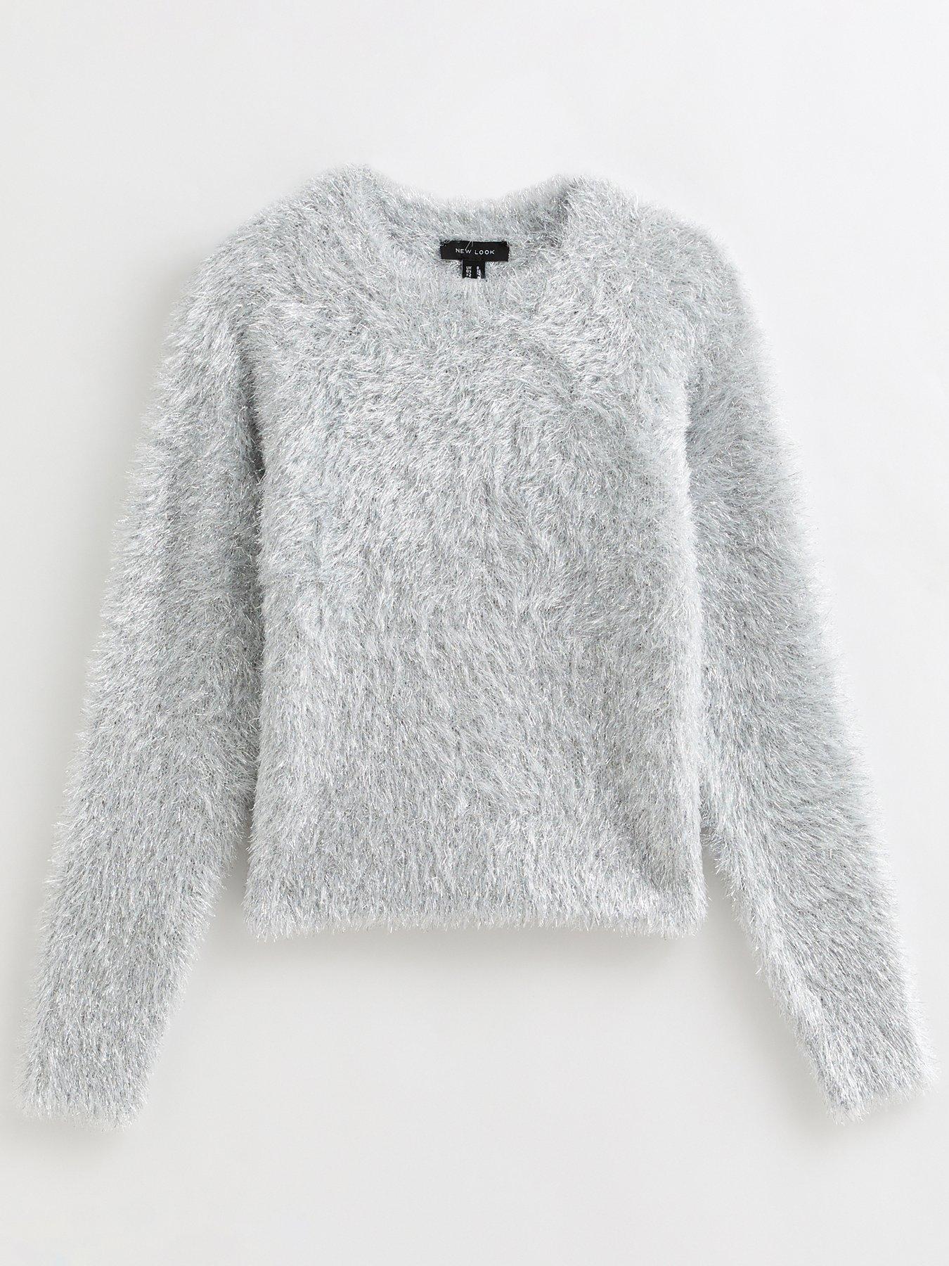  image of new-look-grey-sparkly-knit-crew-neck-jumper
