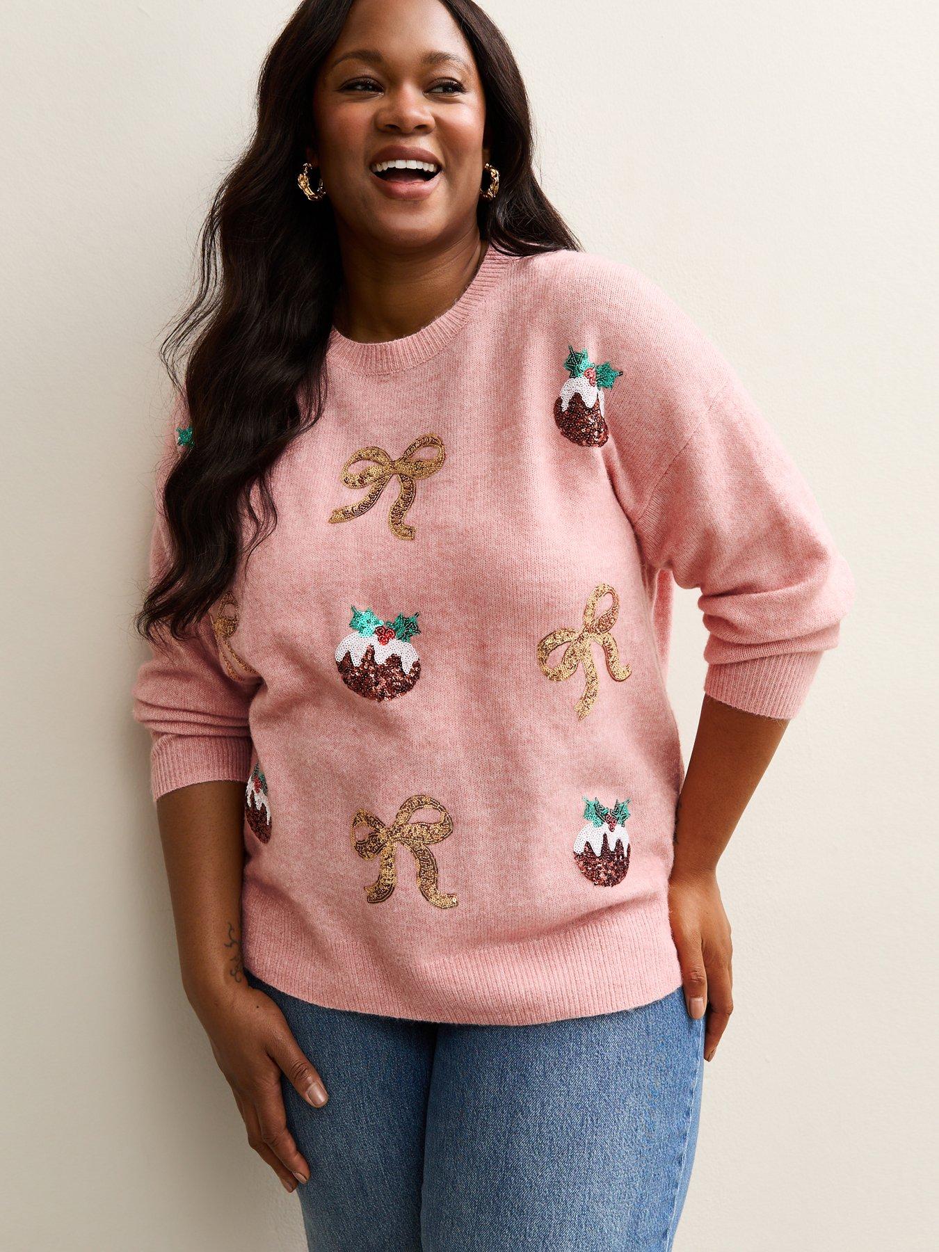  image of new-look-curves-christmas-pudding-embellished-jumper-pink