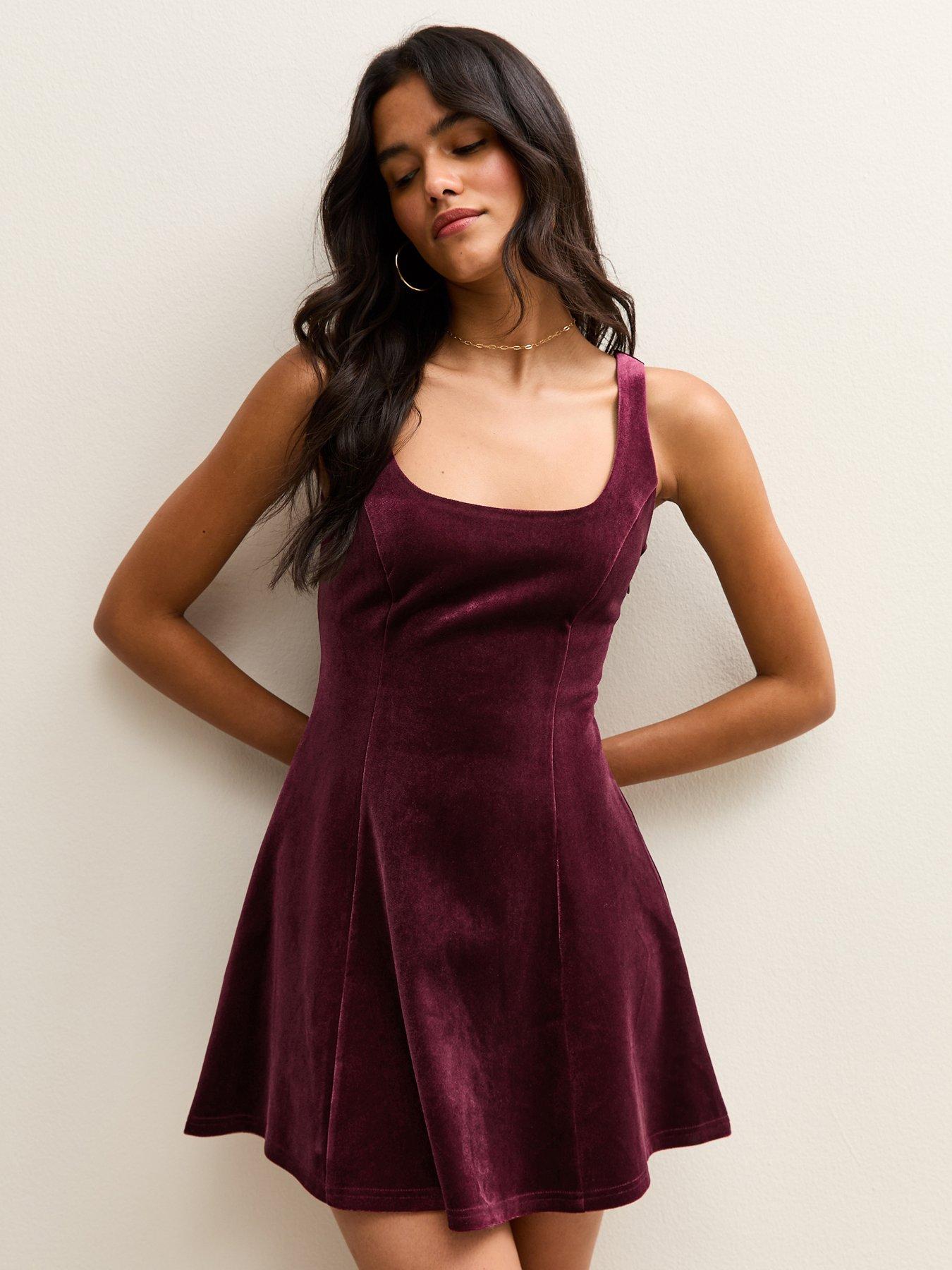 New Look Burgundy Velvet Fit And Flare Mini Dress