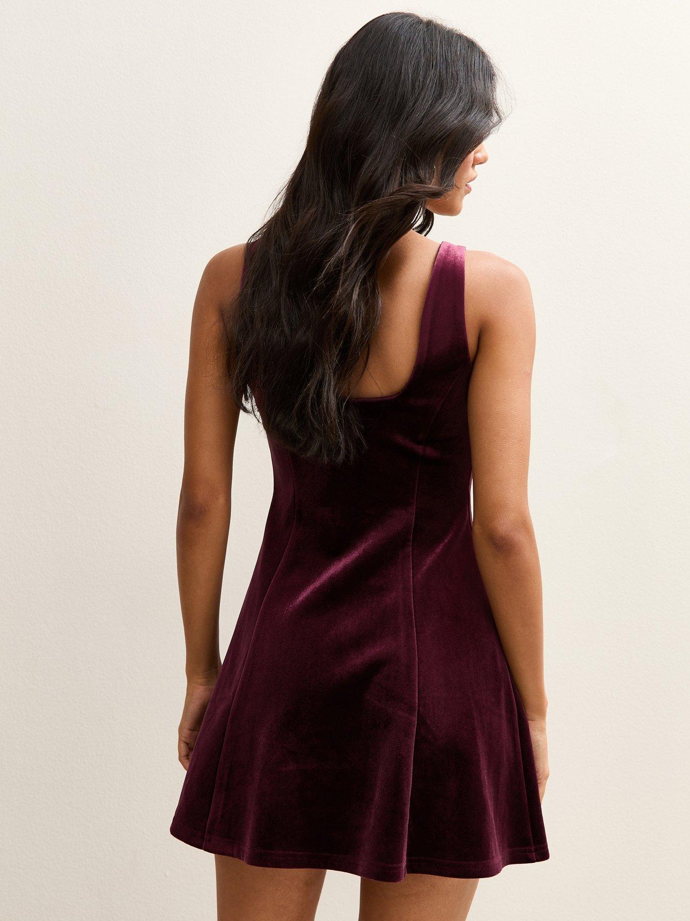  image of new-look-velvet-fit-and-flare-mini-dress-burgundy