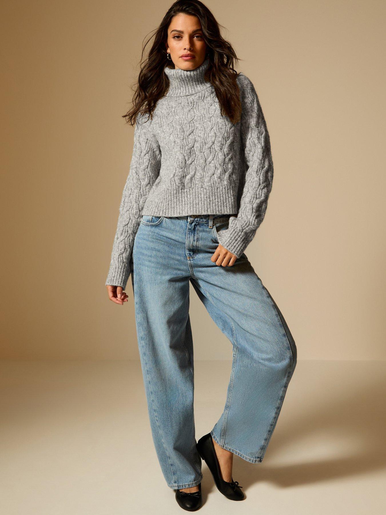 New Look Grey Cable Knit Roll Neck Jumper